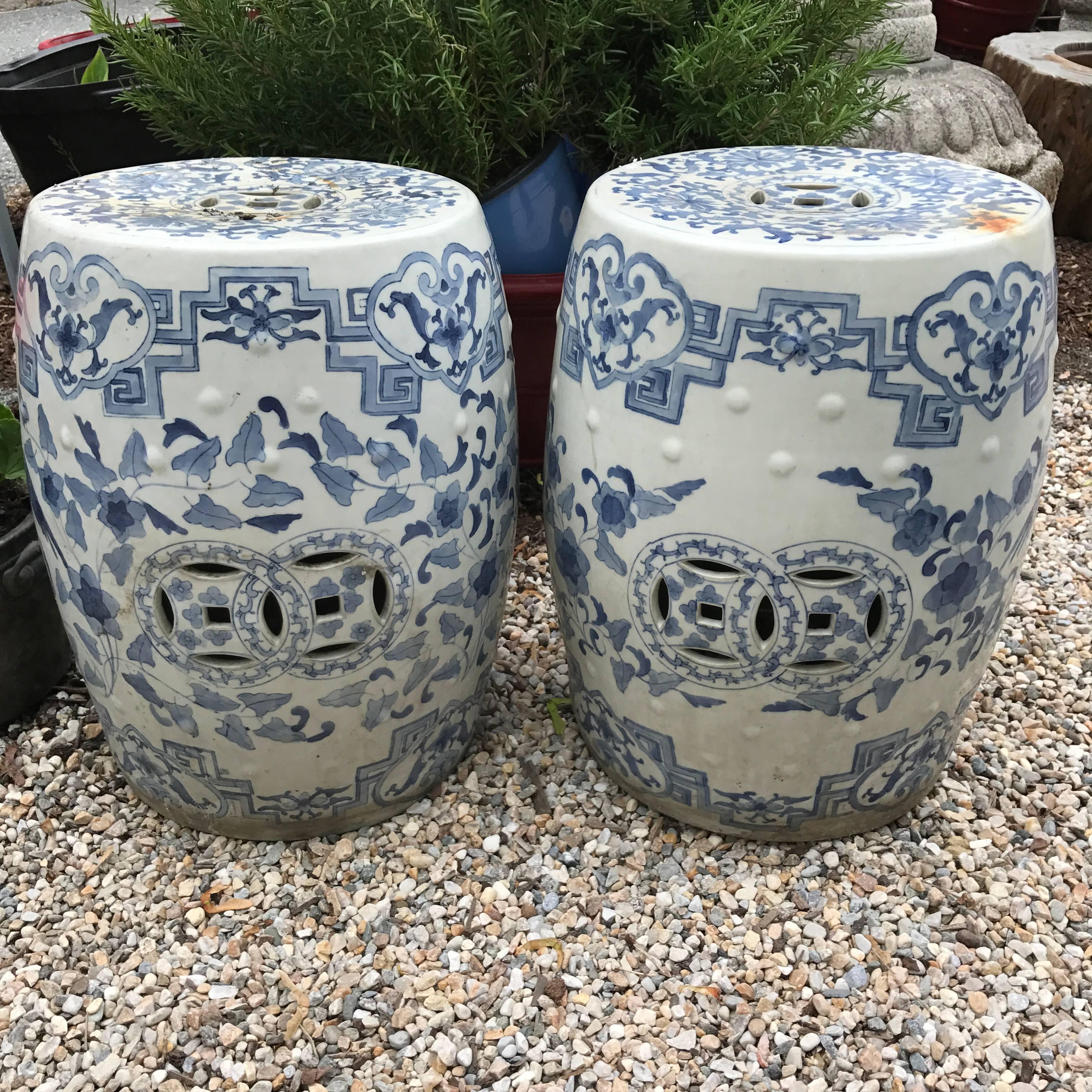 20th Century Chinese Antique Pair of Hand-Painted Blue and White Garden Stools Seats