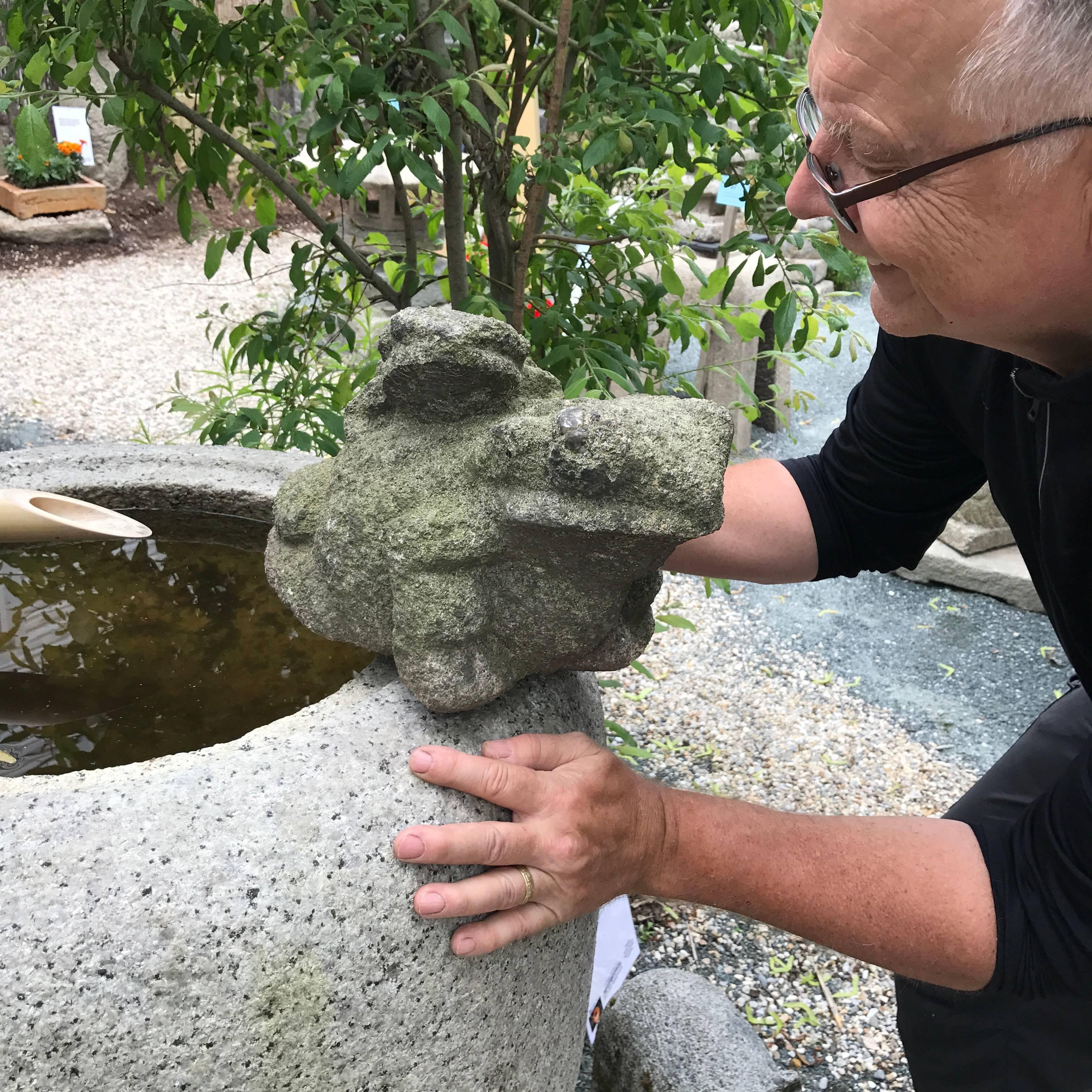 A delightful opportunity to acquire a rare Japanese hand-carved stone frog and baby frog sculpture fresh from an old Nagoya Japan garden and dating to the late 19th to early 20th century. Look at the superb carving detail on his surfaces - a master