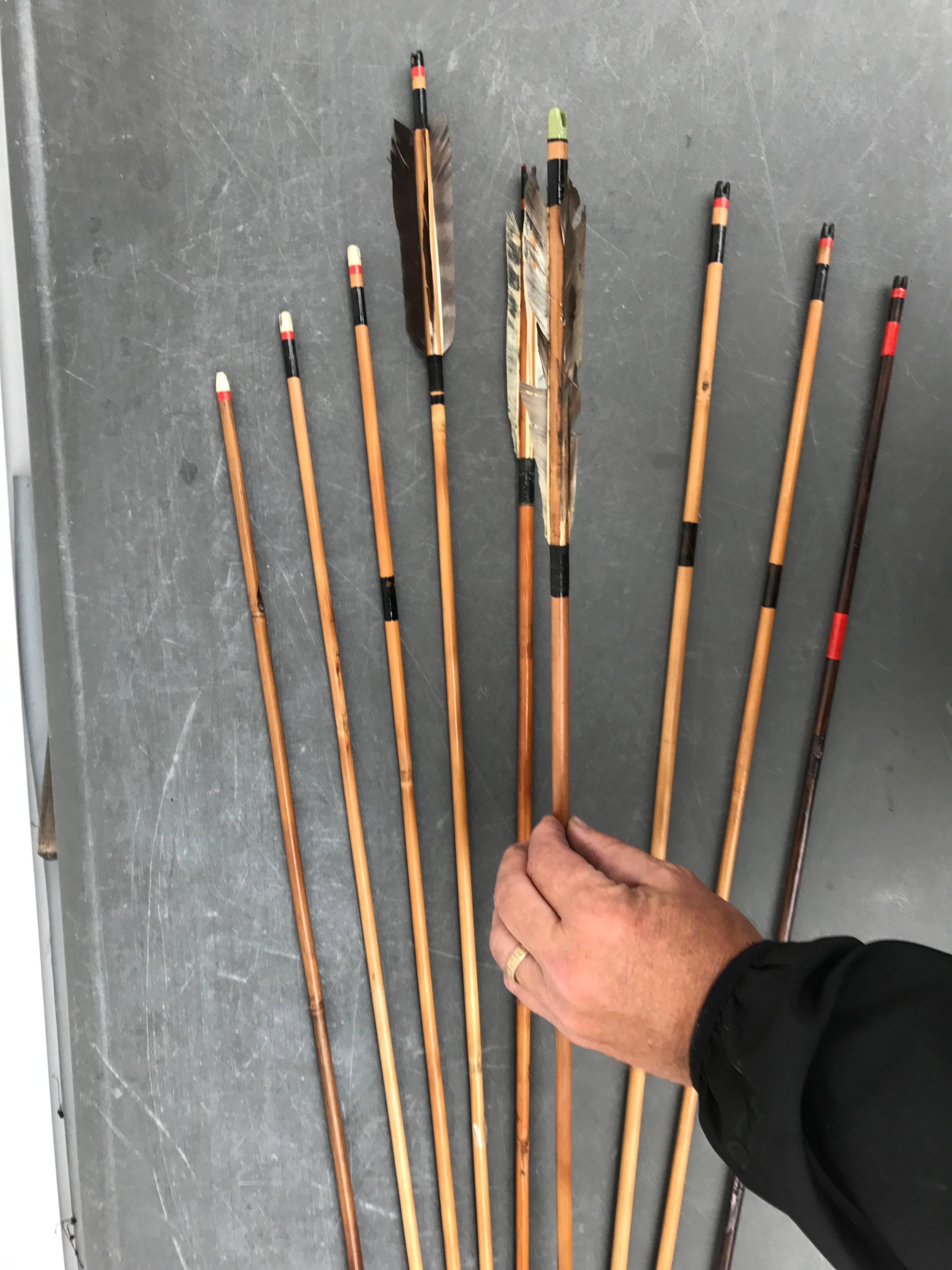 Japanese antique collection of nine (9) old Samurai handmade bamboo arrows.

A rare find.

Dimensions: arrows 30-33 inches long 

Provenance: old Shiga collection

History: 
Mounted archery was the  most common and respected mode of Japanese warfare
