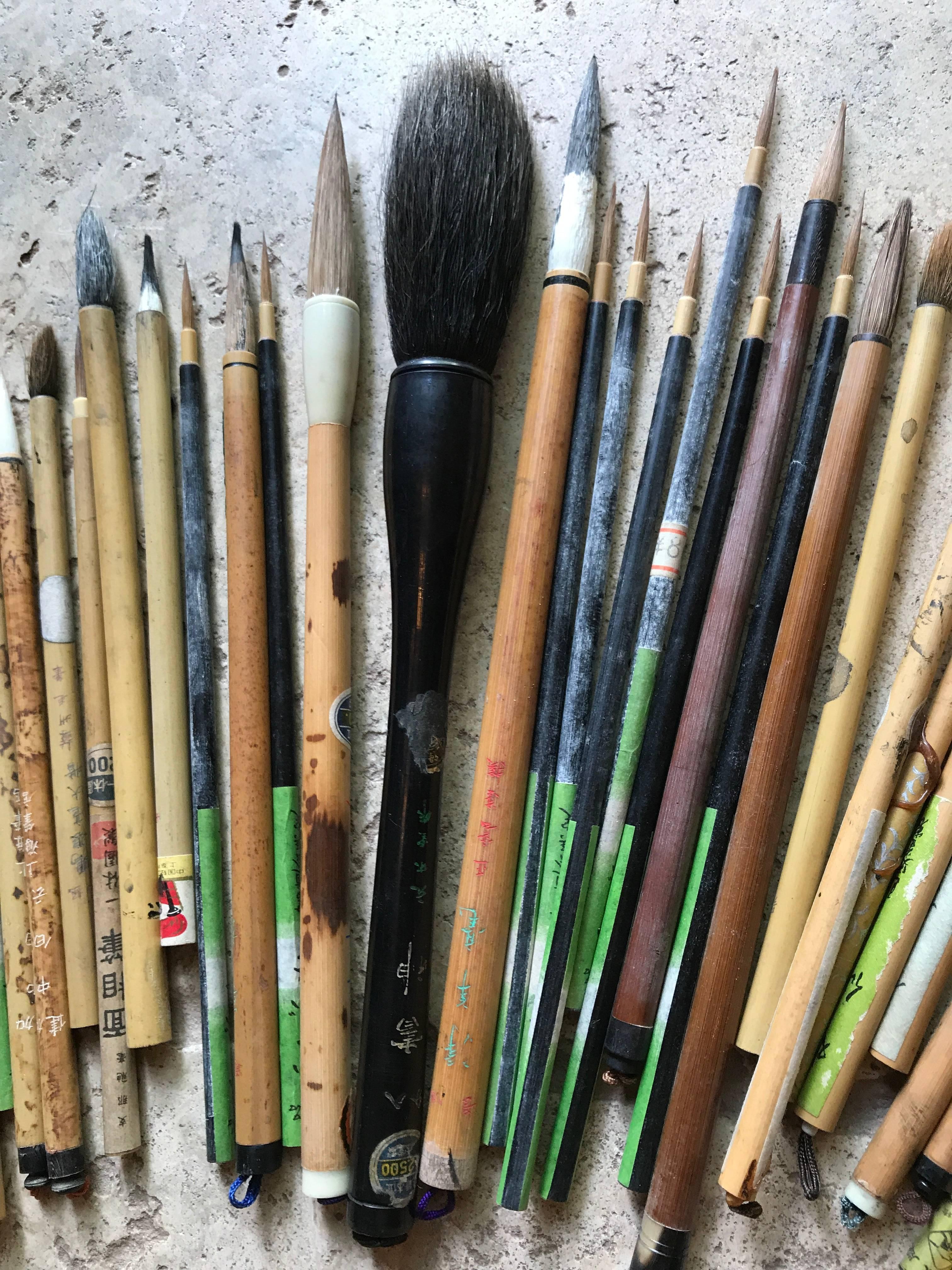 Hand-Crafted Artisan's Cache of 41 Old China Paint Calligraphy Bamboo Brushes