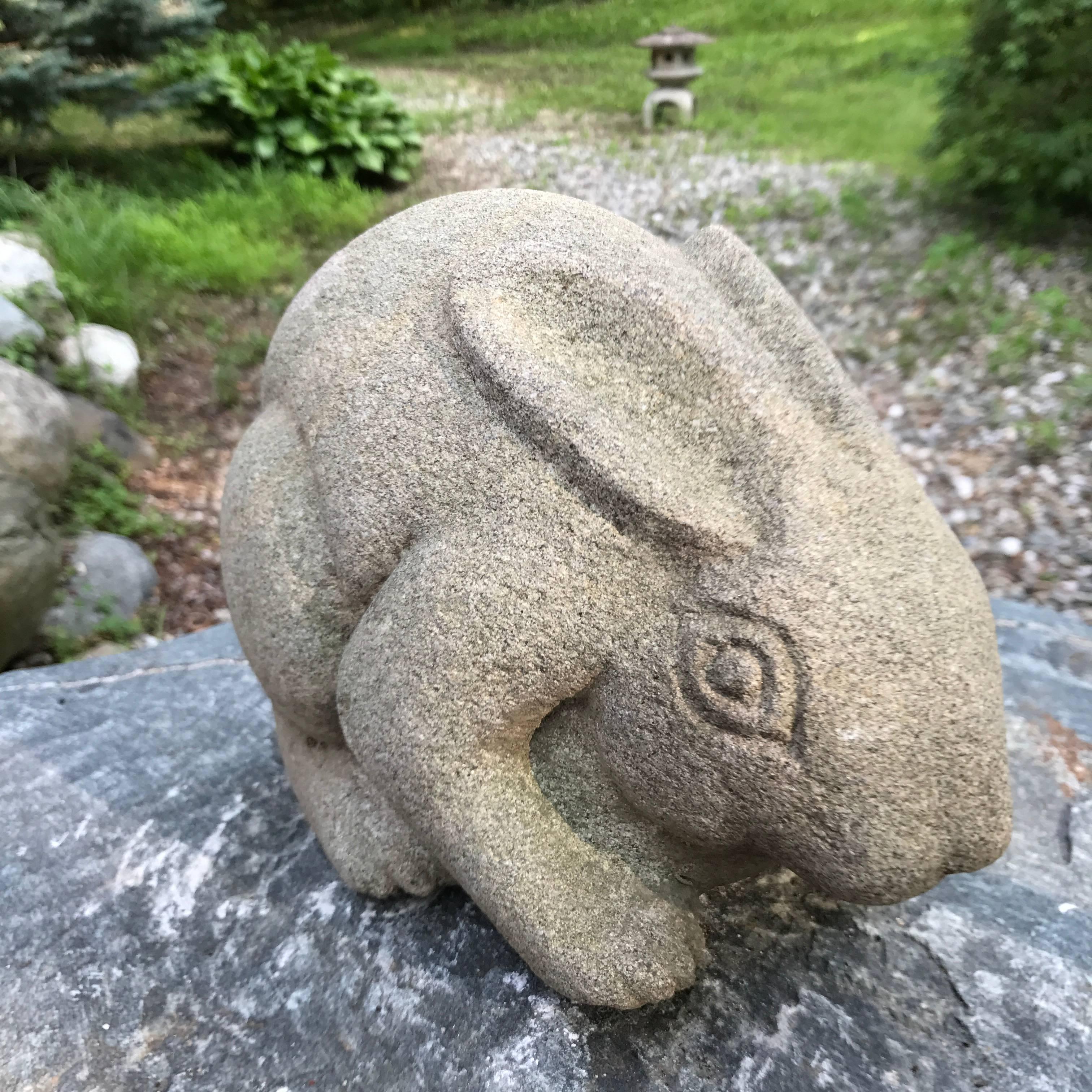 Taisho Japan Big Eared Antique Rabbit Hand-Carved Stone Usagi