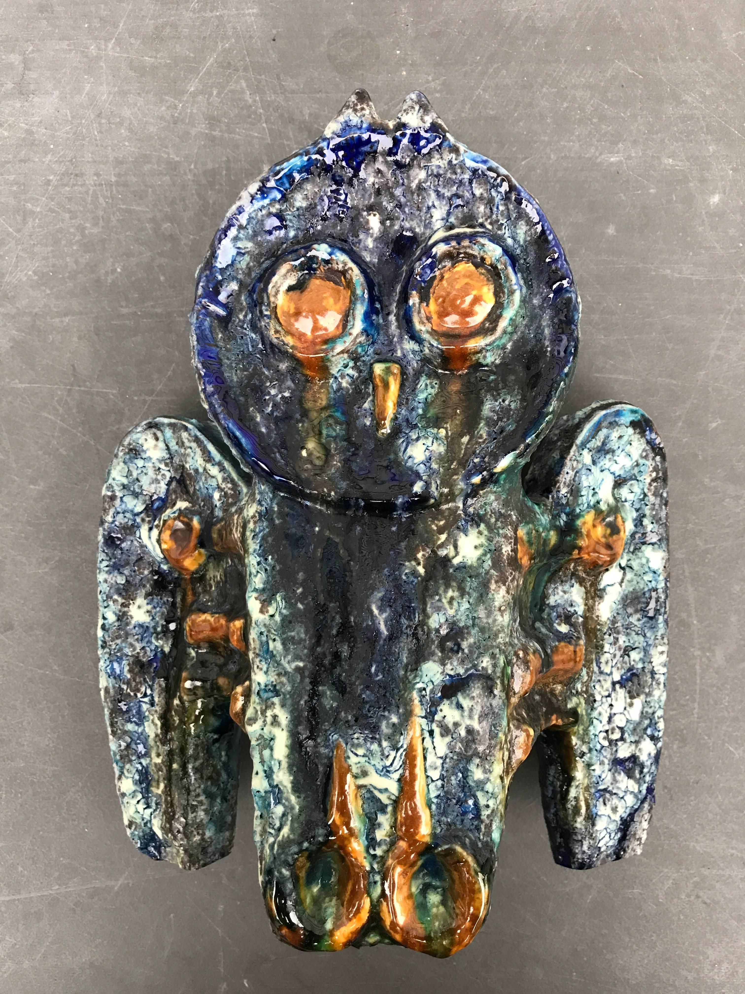 Mid-Century Modern Big Blue Owl Sculpture Handmade and Hand Glazed