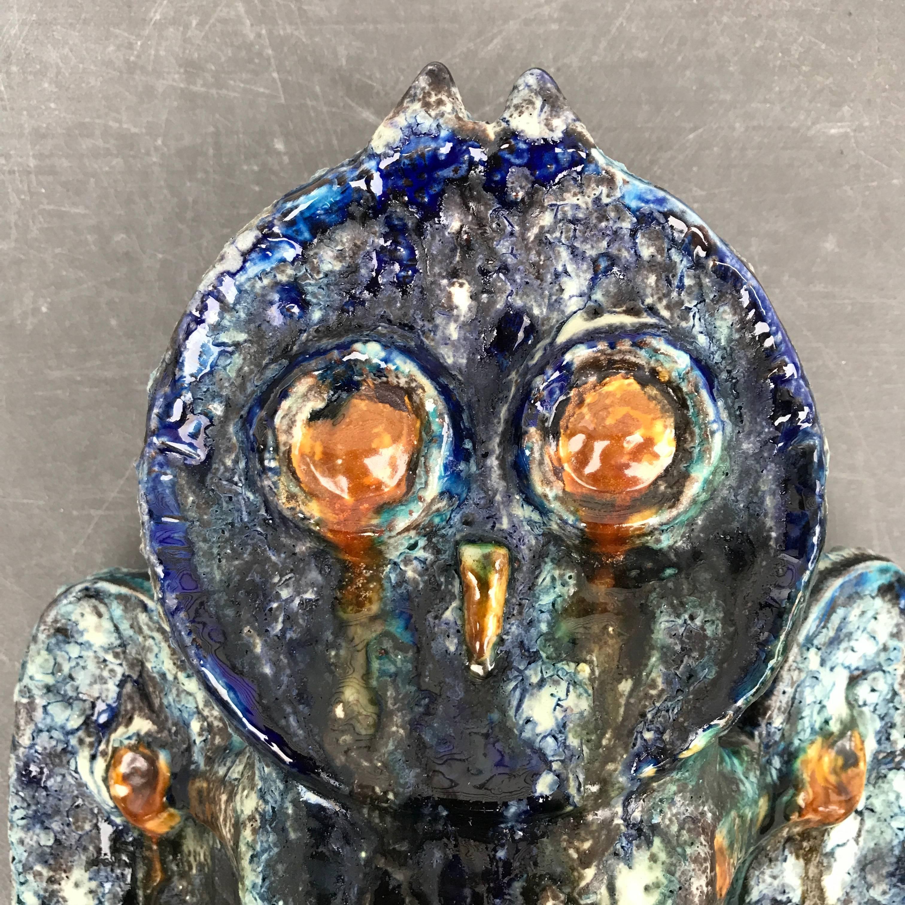 Hand-Crafted Big Blue Owl Sculpture Handmade and Hand Glazed