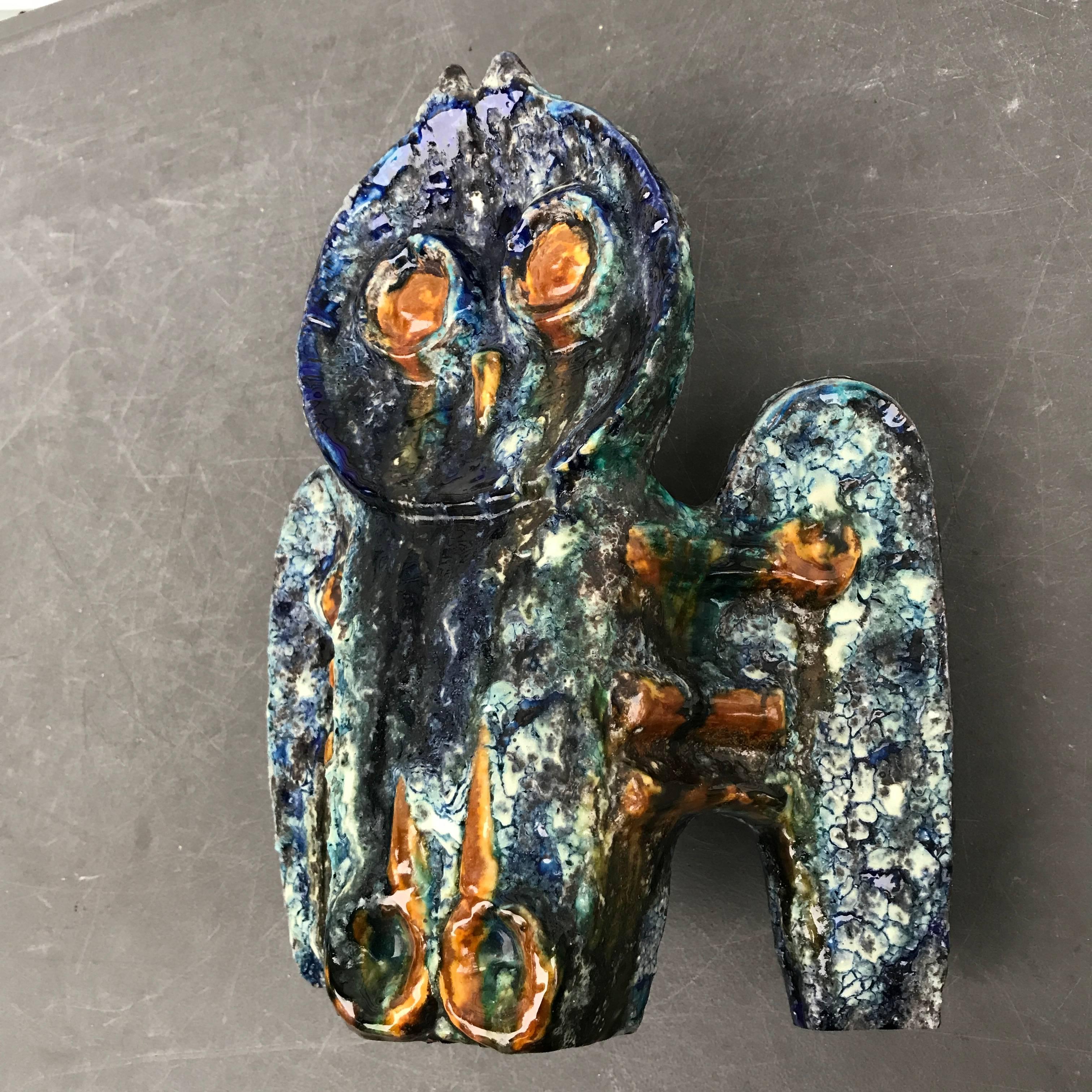 Big Blue Owl Sculpture Handmade and Hand Glazed In Good Condition In South Burlington, VT