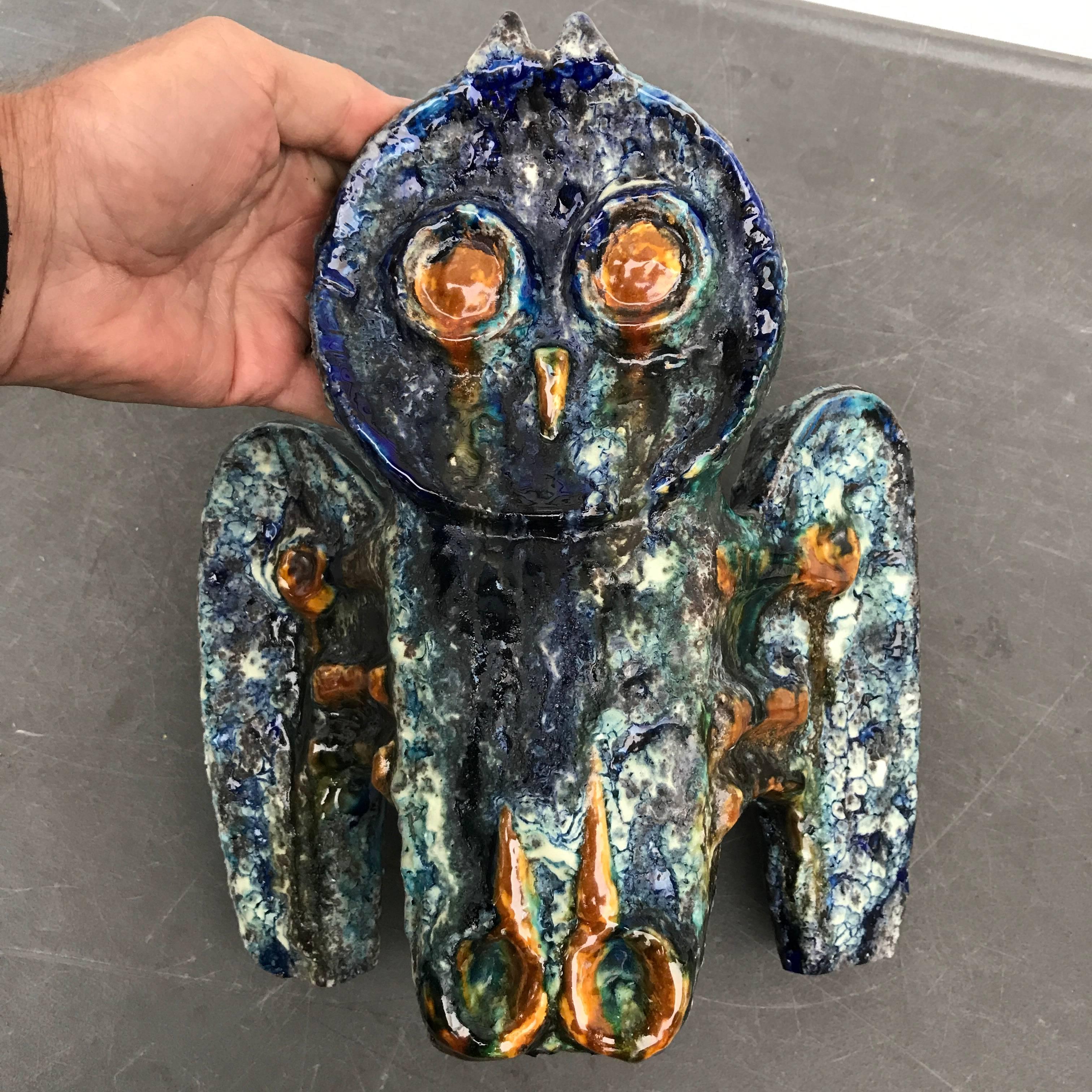 German Big Blue Owl Sculpture Handmade and Hand Glazed