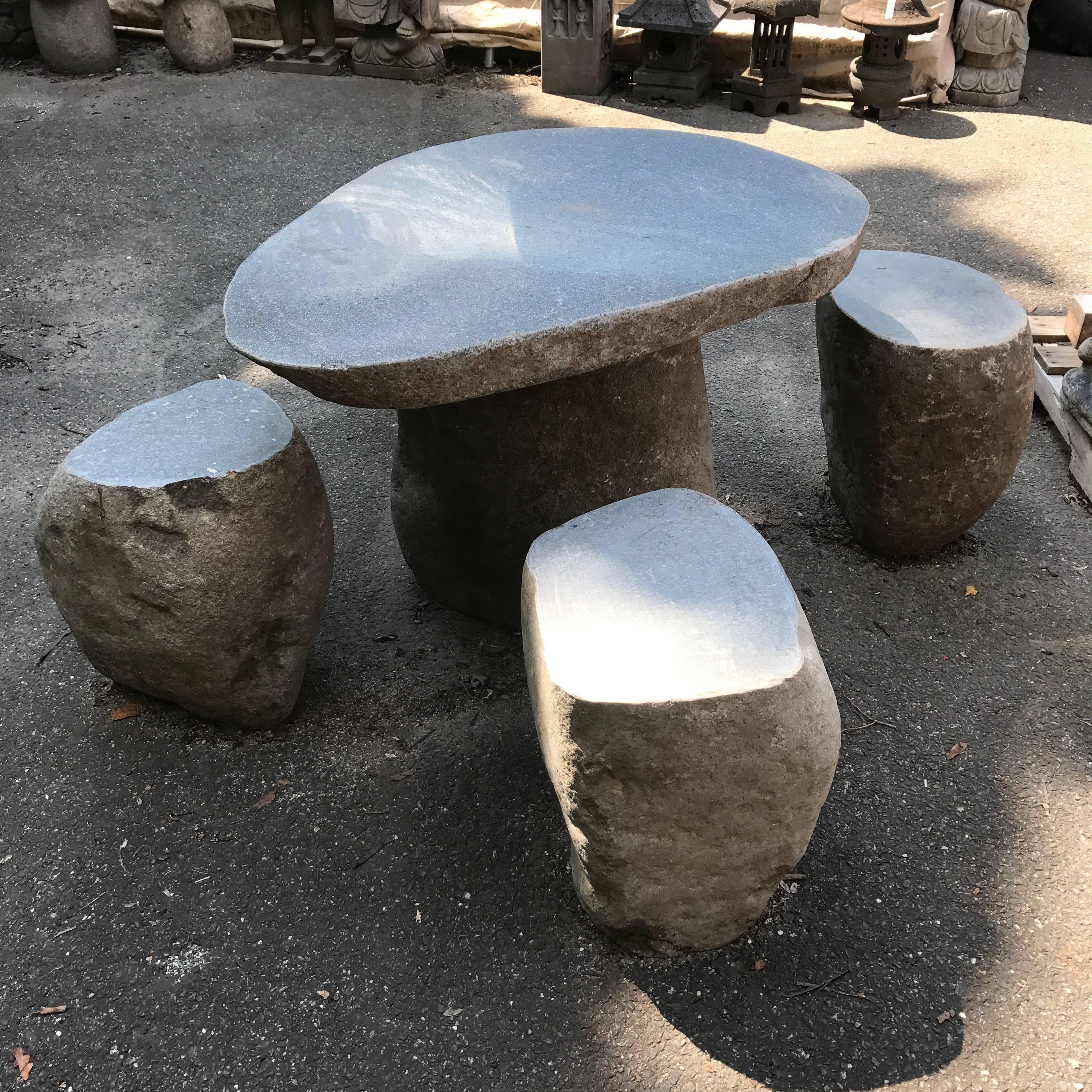 Hand-Carved Garden Stone Table & Stools Six Pieces Solid Limestone immediate use 2