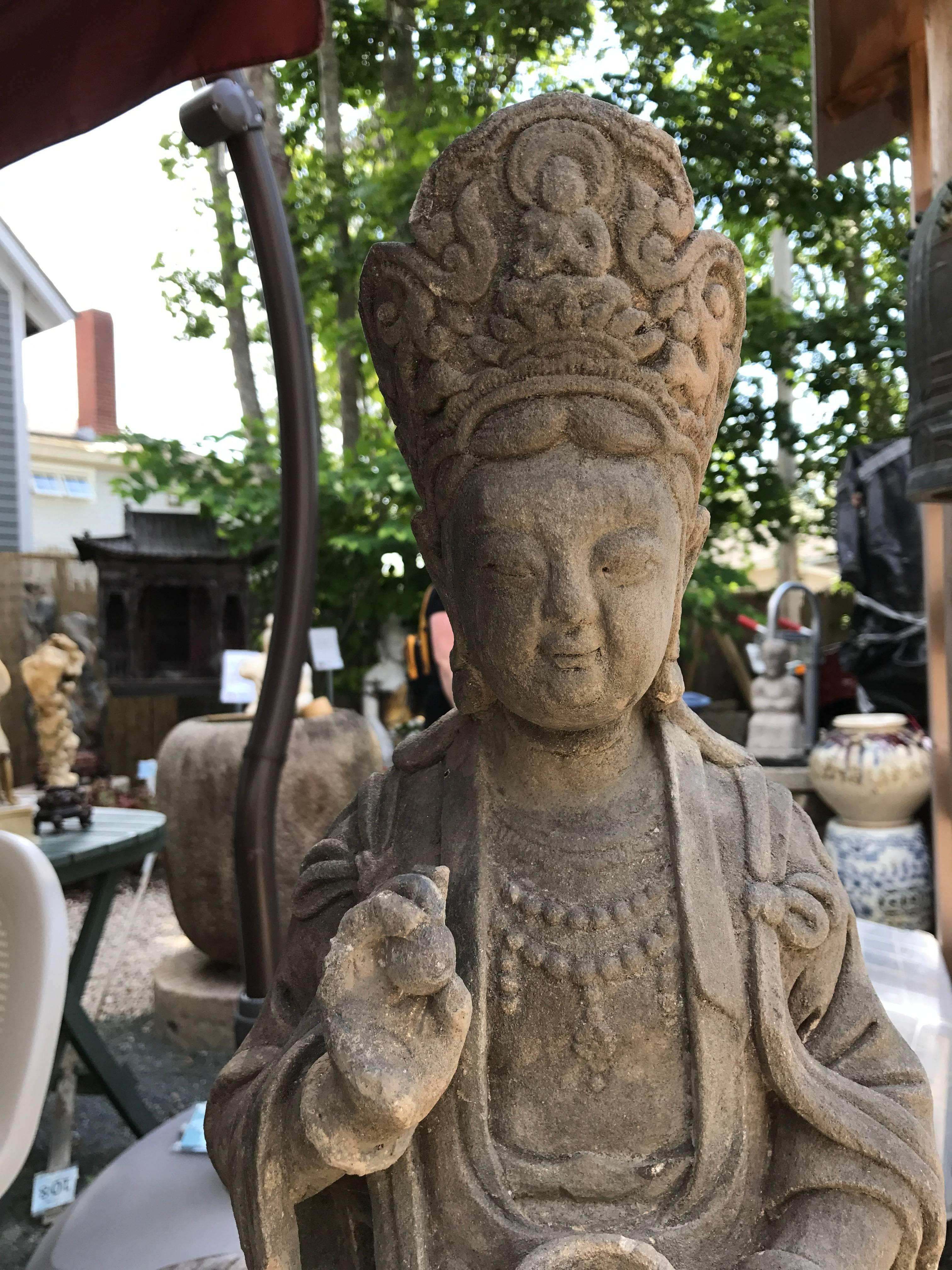 Qing Chinese Antique Stone Bodhisattva Hand-Carved, 120 Years Old