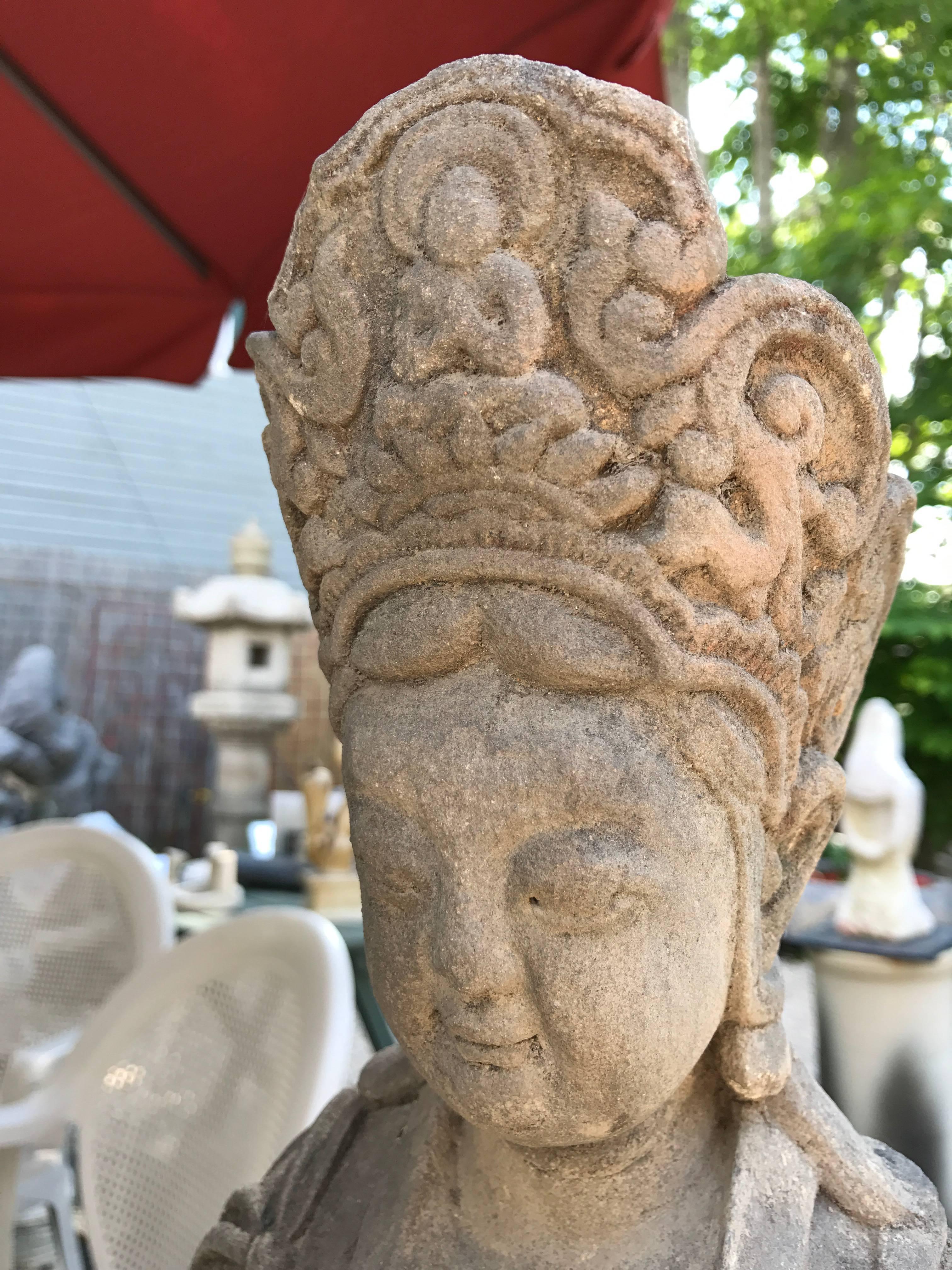 Chinese Antique Stone Bodhisattva Hand-Carved, 120 Years Old In Good Condition In South Burlington, VT