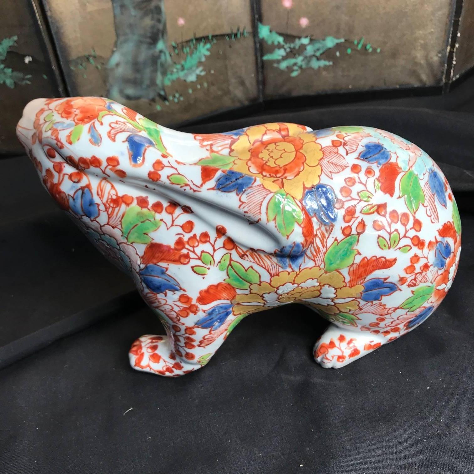 Old Japanese Vintage Red Scampering Rabbit Sculpture with fine details & Signed In Good Condition In South Burlington, VT