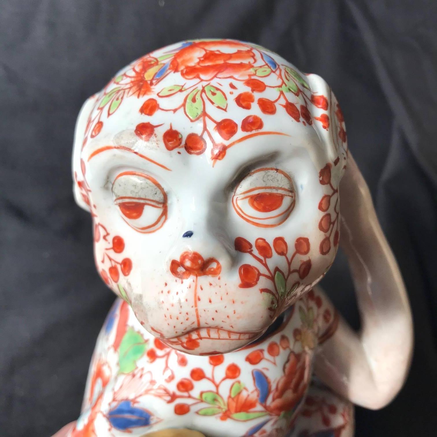 Glazed Japanese Big Red Enameled Porcelain Monkey Sculpture Okimono Signed