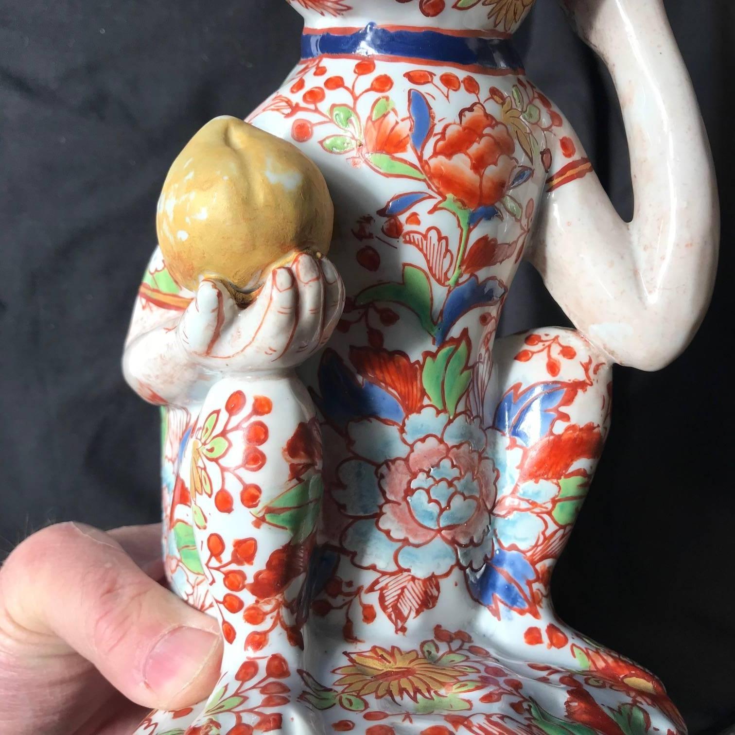 Japanese Big Red Enameled Porcelain Monkey Sculpture Okimono Signed In Good Condition In South Burlington, VT