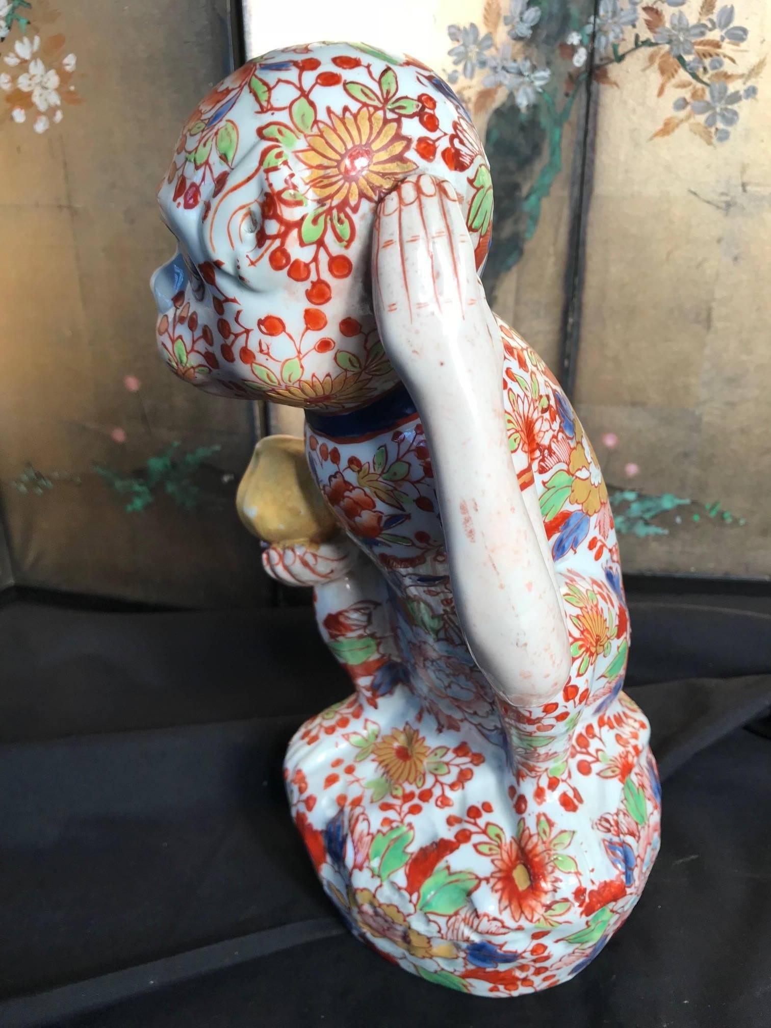 Ceramic Japanese Big Red Enameled Porcelain Monkey Sculpture Okimono Signed