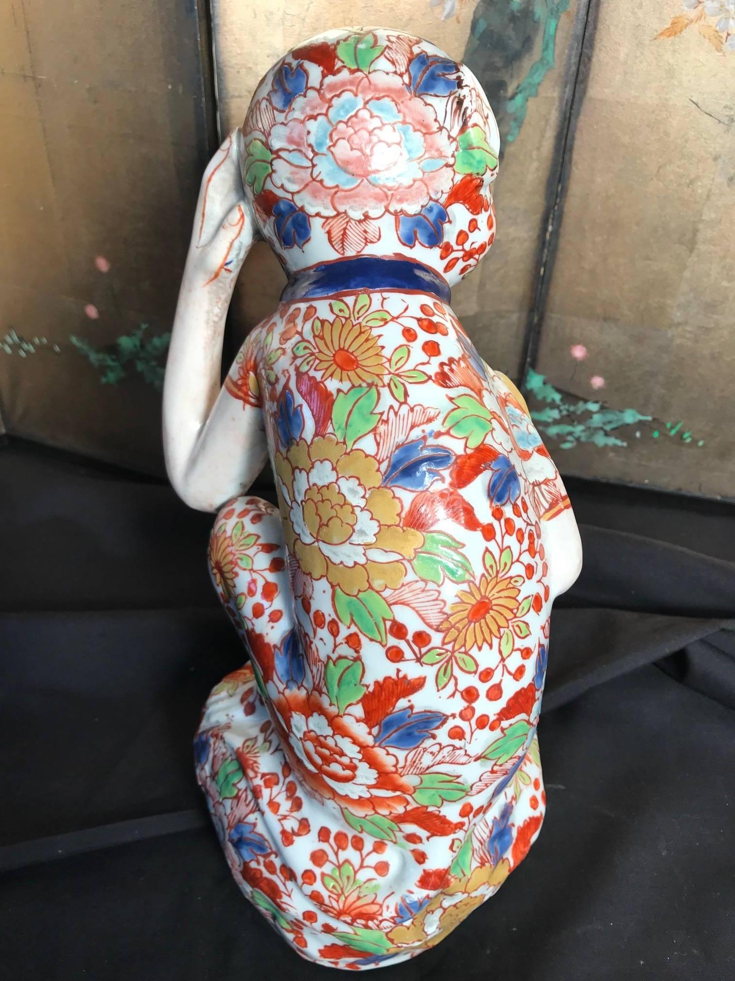Japanese Big Red Enameled Porcelain Monkey Sculpture Okimono Signed 1
