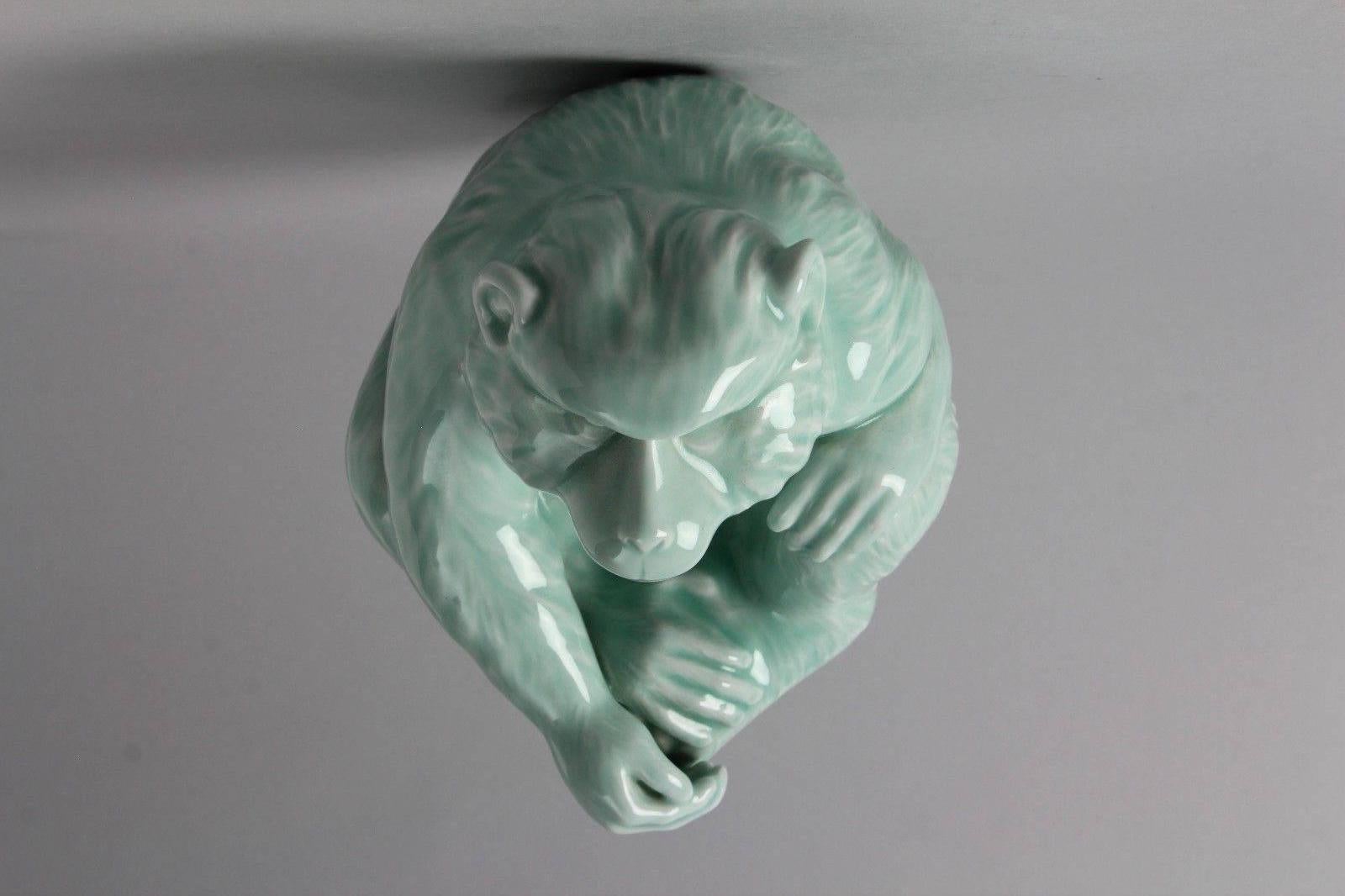 20th Century Japanese Blue Porcelain Monkey Sculpture Signed Fukugawa