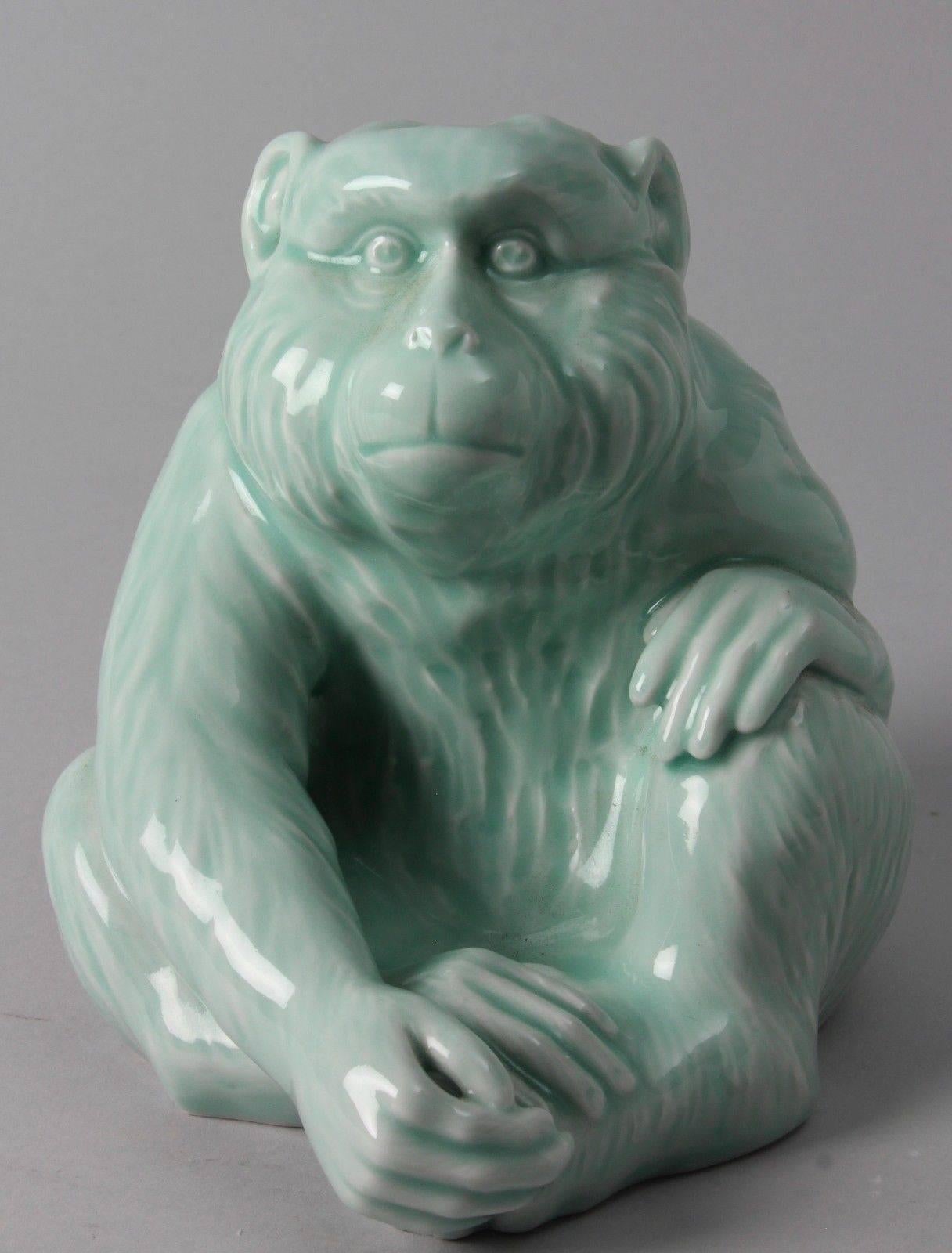 Showa Japanese Blue Porcelain Monkey Sculpture Signed Fukugawa
