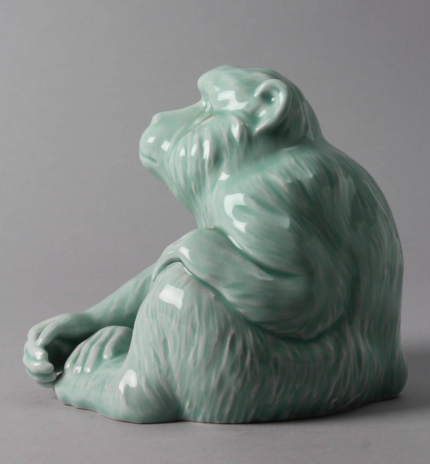 Hand-Crafted Japanese Blue Porcelain Monkey Sculpture Signed Fukugawa