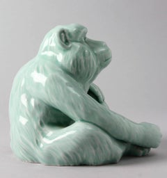 Japanese Blue Porcelain Monkey Sculpture Signed Fukugawa