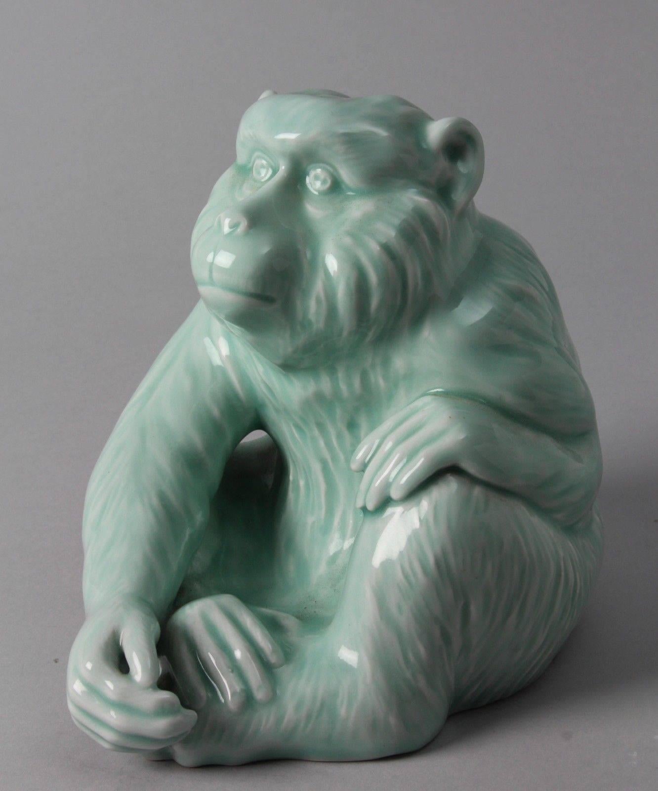 Japanese Blue Porcelain Monkey Sculpture Signed Fukugawa 2
