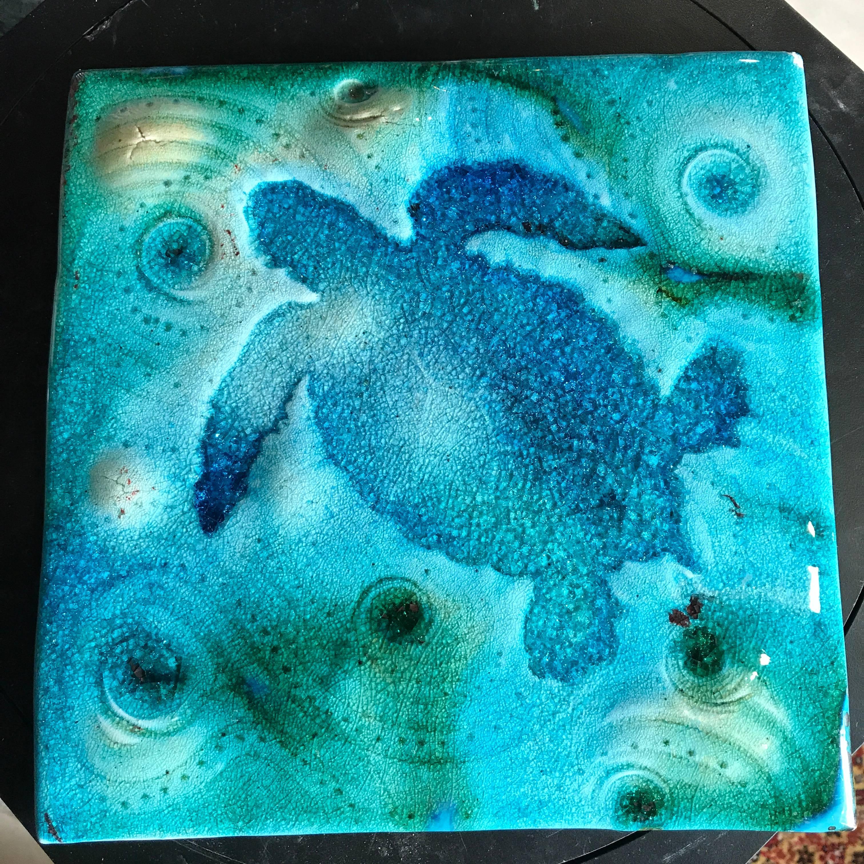 American Big Beautiful Turtle Rich Big Blue Glazed Artisan Tile