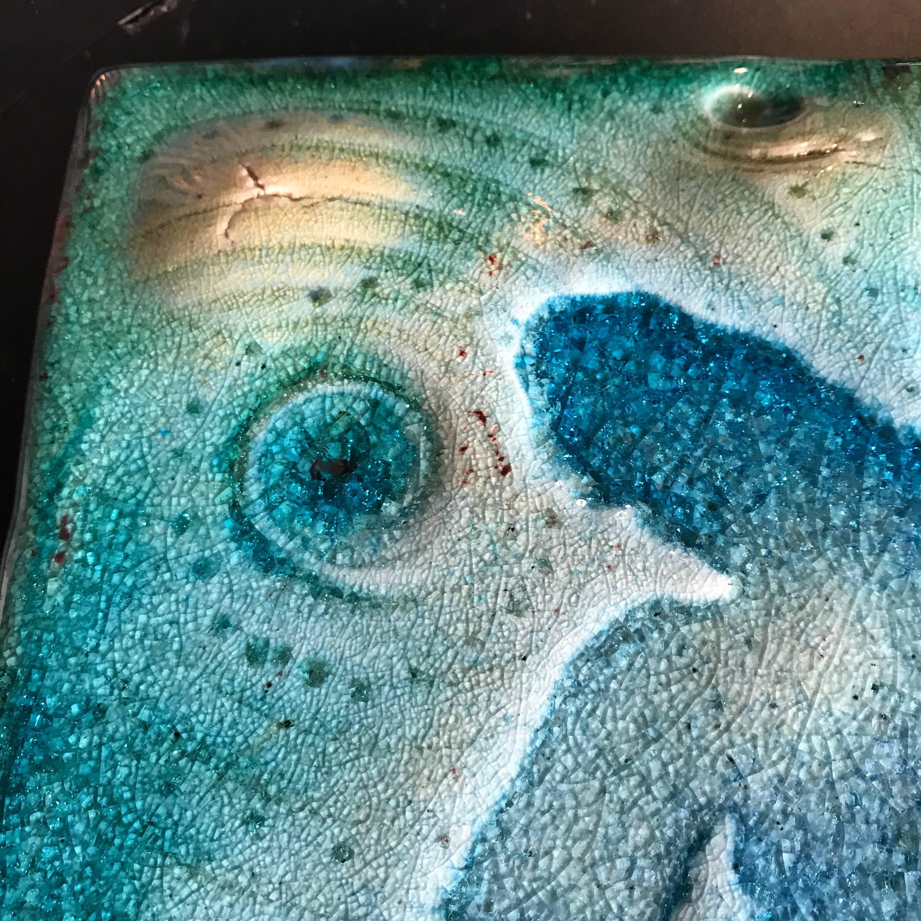 Big Beautiful Turtle Rich Big Blue Glazed Artisan Tile In Excellent Condition In South Burlington, VT