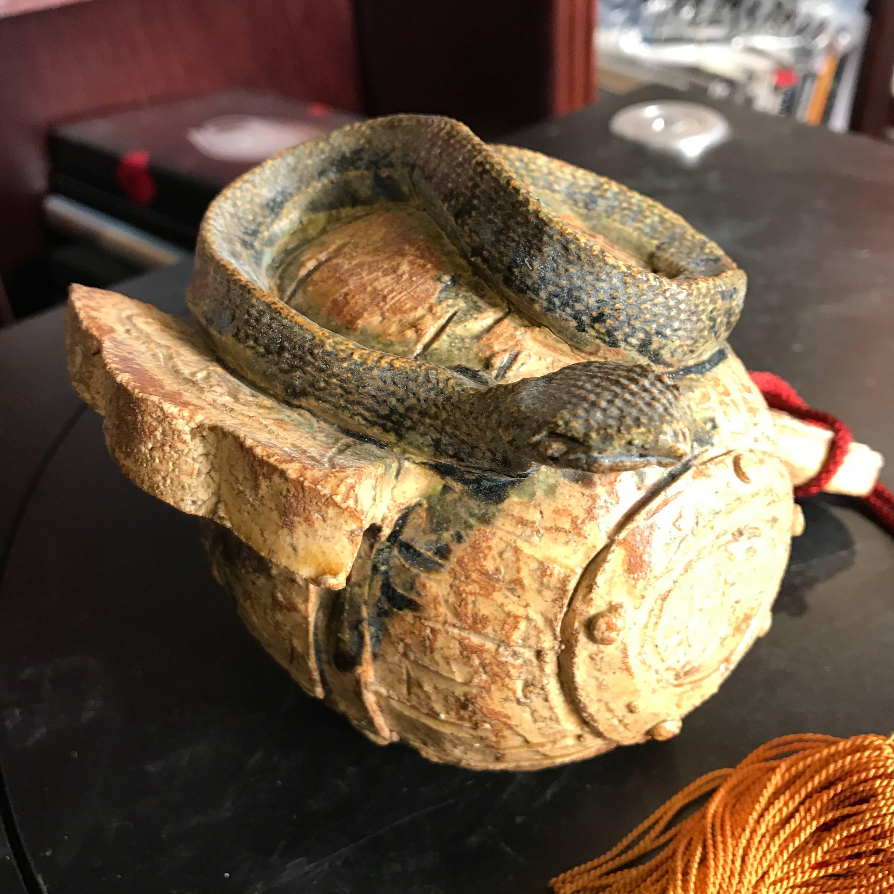 Japan Fine Antique Snake Zodiac Handmade and Hand-Painted Ceramic Sculpture 1