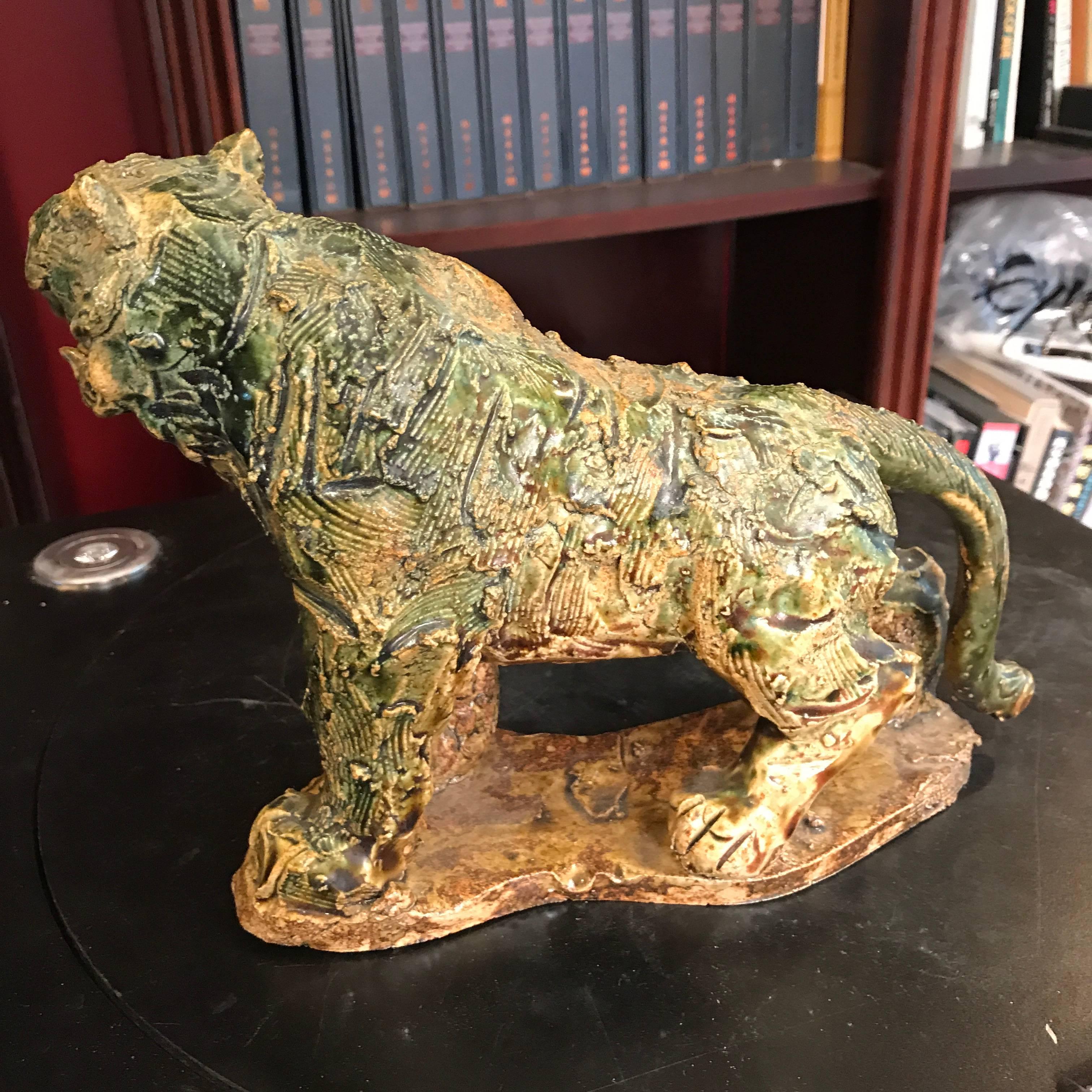 Japan Fine Old Prowling Tiger Handmade and Hand-Painted Ceramic Sculpture In Excellent Condition In South Burlington, VT