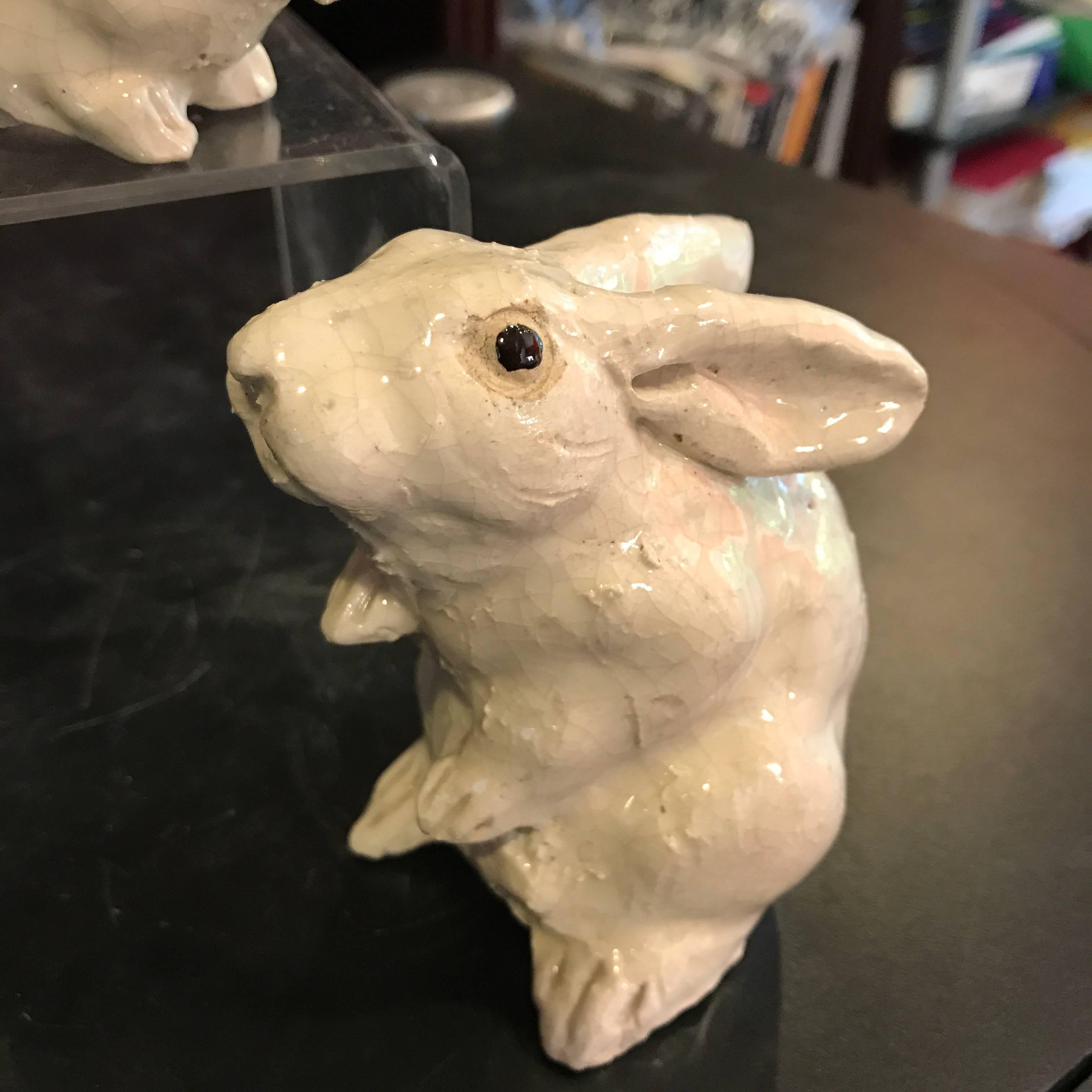 Japanese Japan Lovable Pair of Pure White Rabbits with Fine Craquelure Glazing