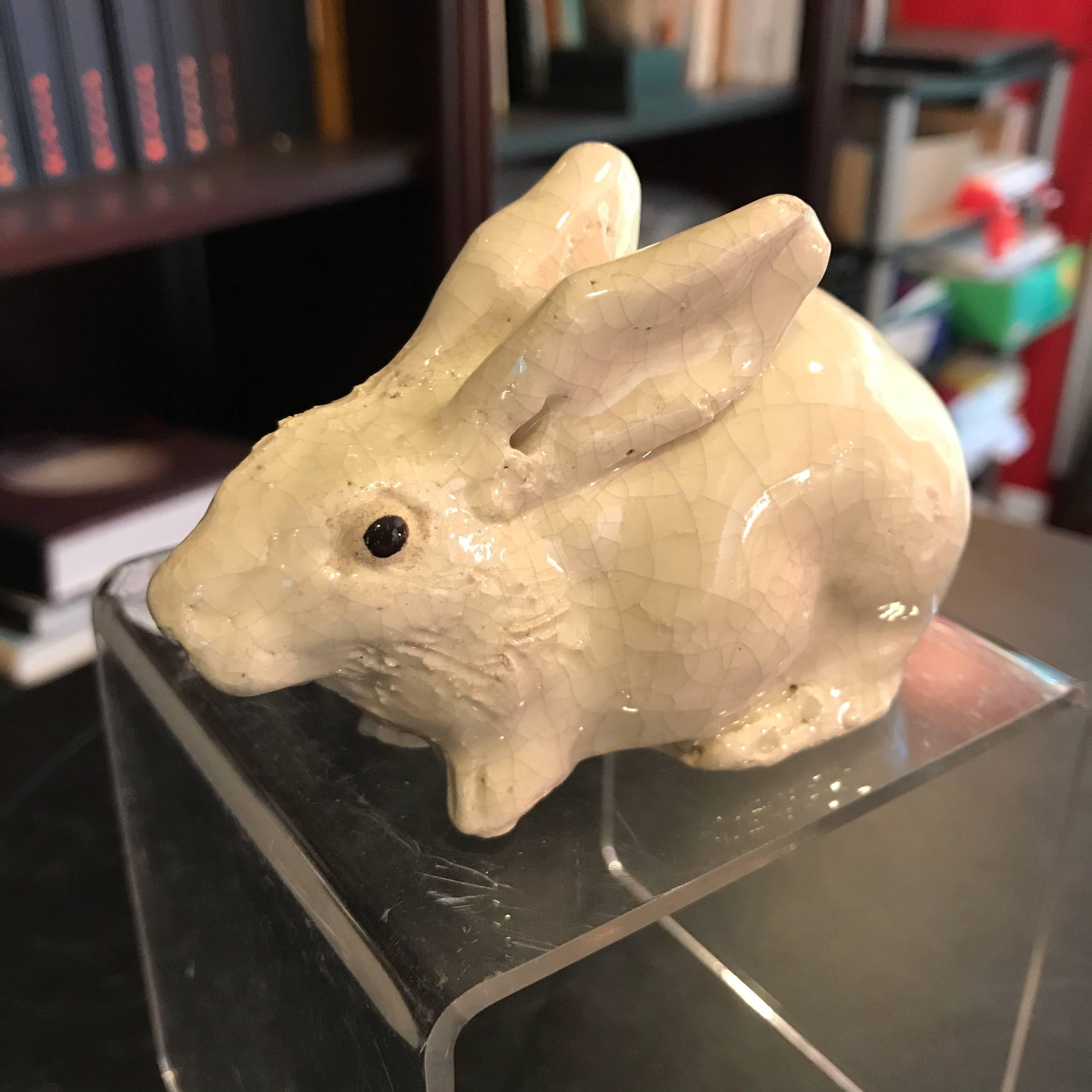 Ceramic Japan Lovable Pair of Pure White Rabbits with Fine Craquelure Glazing
