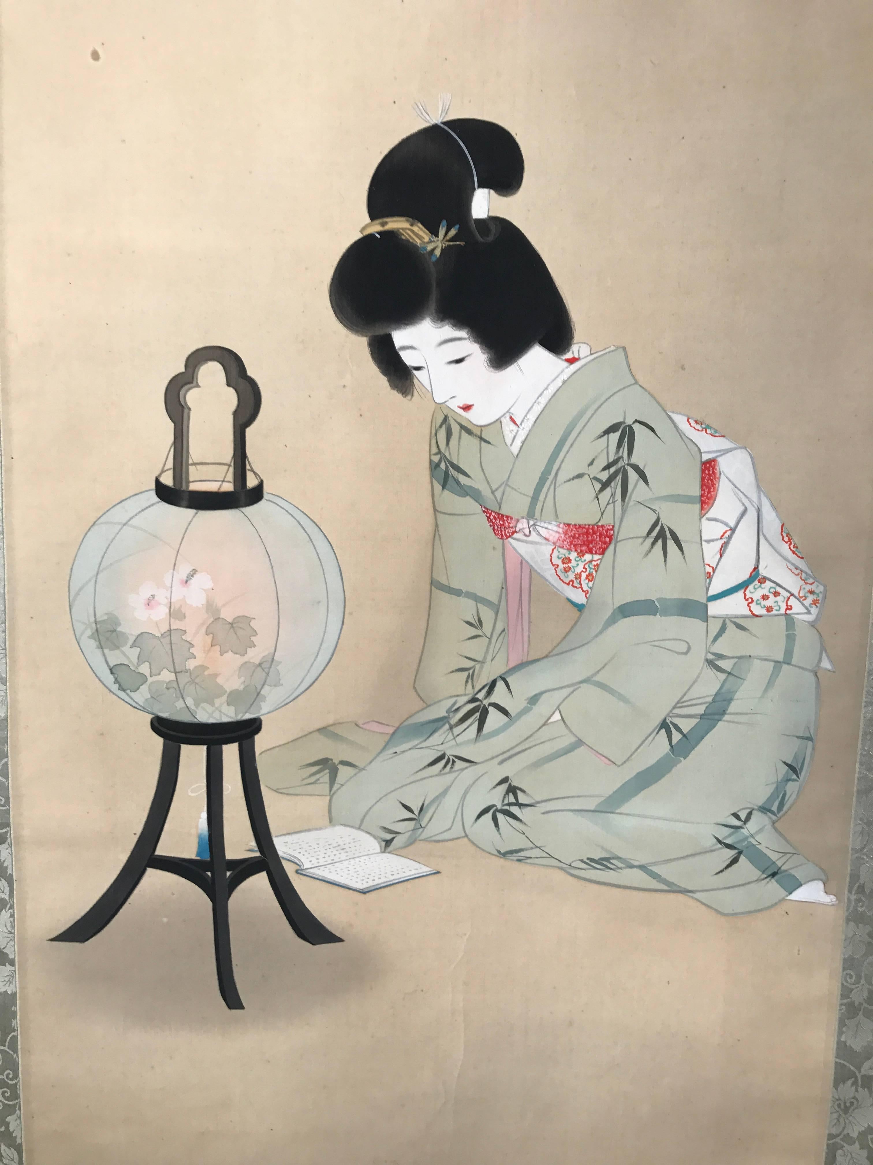Showa Japanese Hand-Painted Silk Scroll 