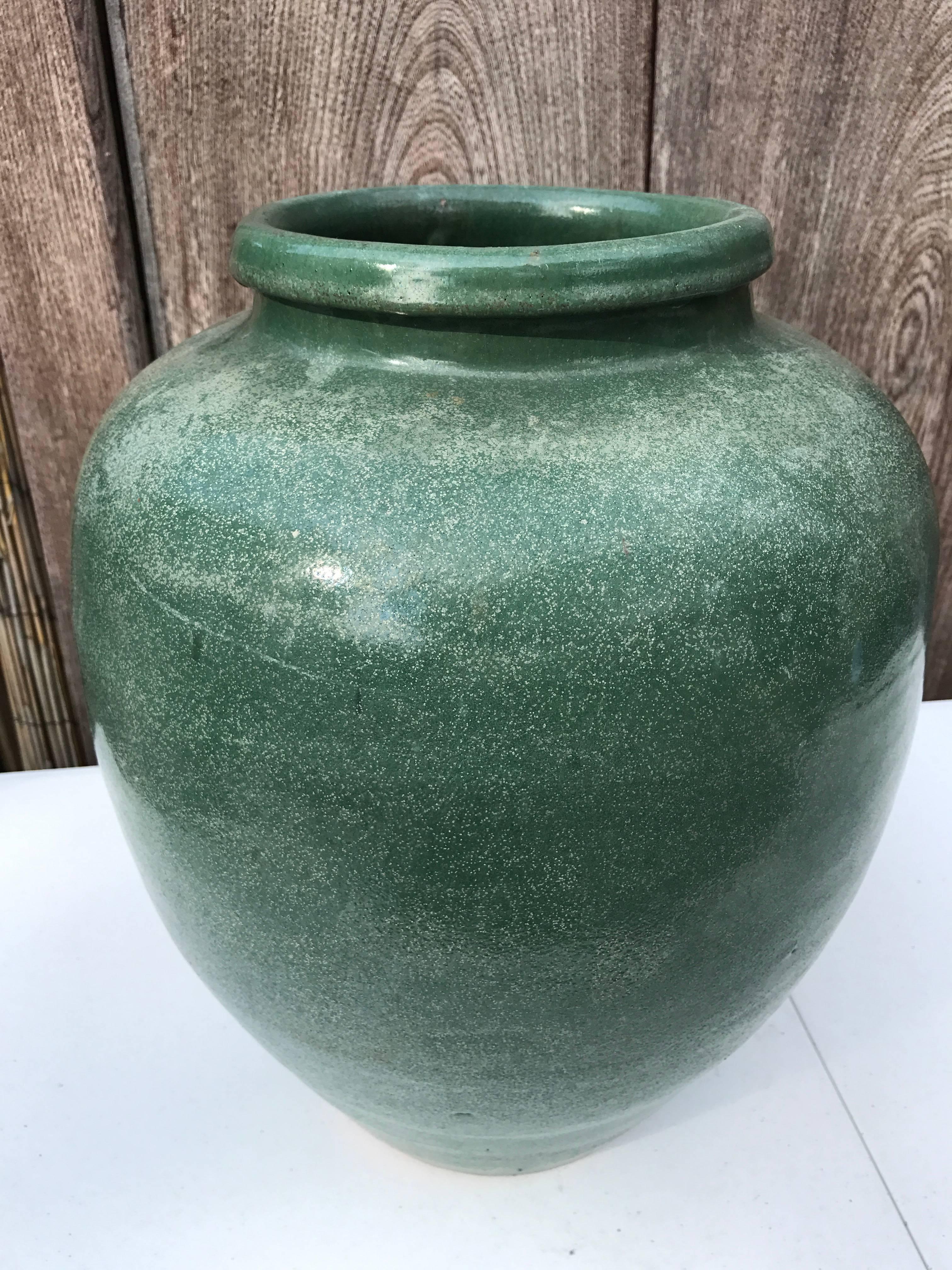 Ceramic Japan Old Handmade Hand-Painted One-of-a-Kind Green Thick Stone Ware Vessel