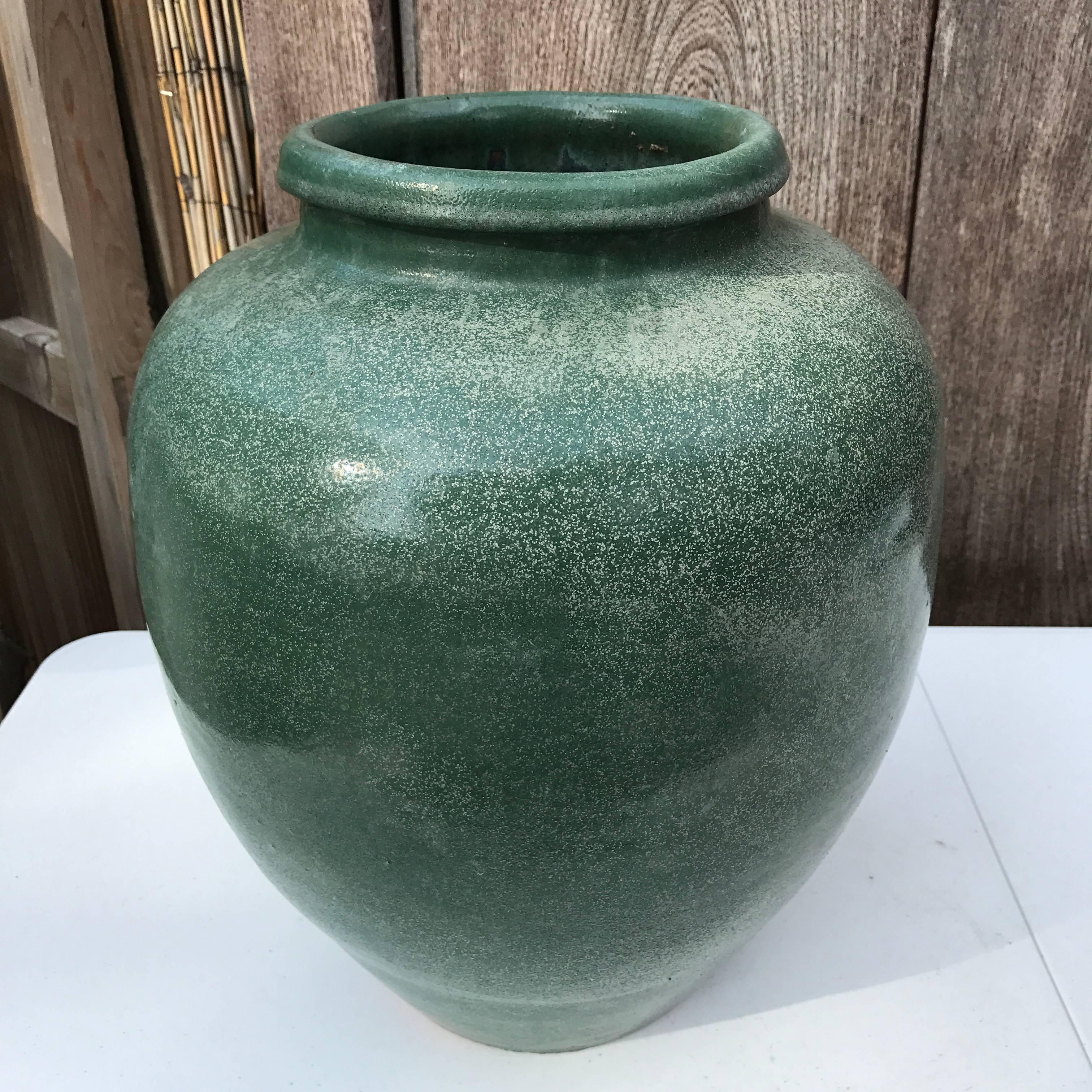 Showa Japan Old Handmade Hand-Painted One-of-a-Kind Green Thick Stone Ware Vessel