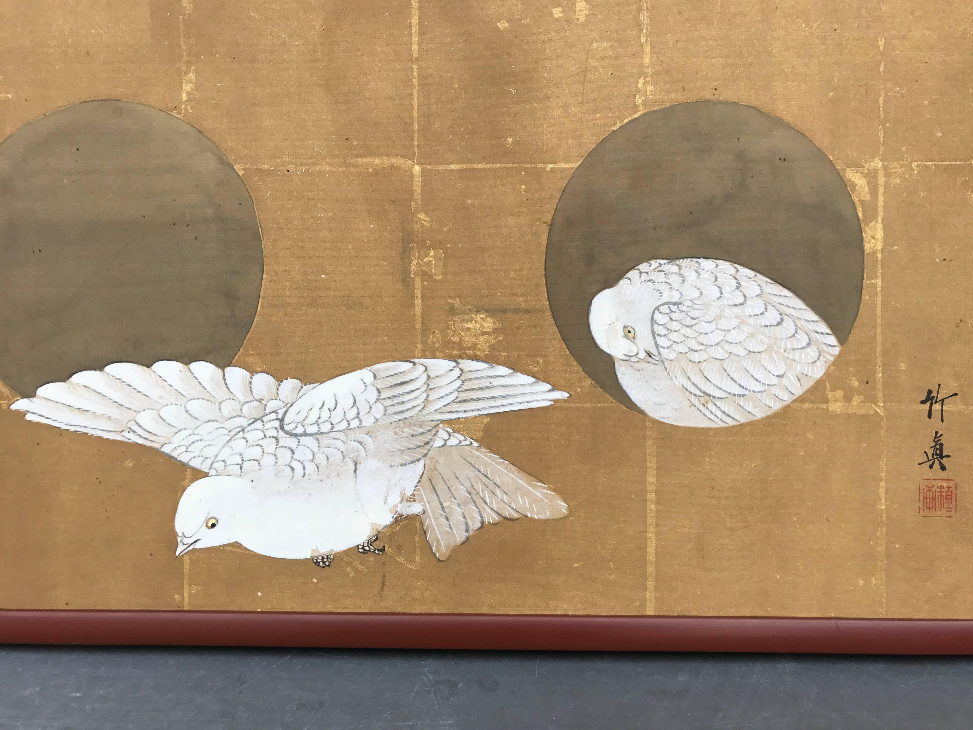 Hand-Painted Japanese Antique Silk Painting Gaku White Nesting Doves and Moon Shapes Dwelling