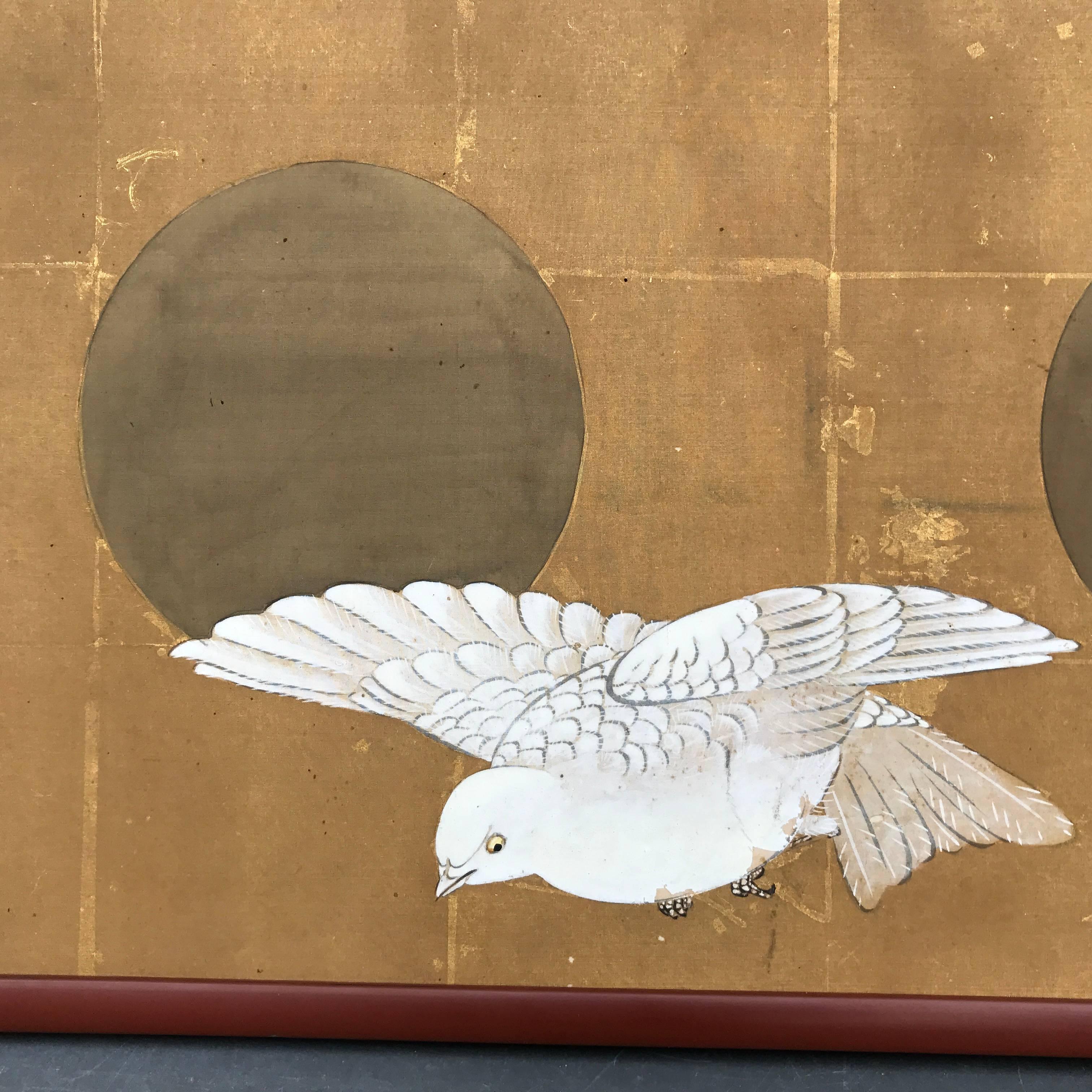Taisho Japanese Antique Silk Painting Gaku White Nesting Doves and Moon Shapes Dwelling