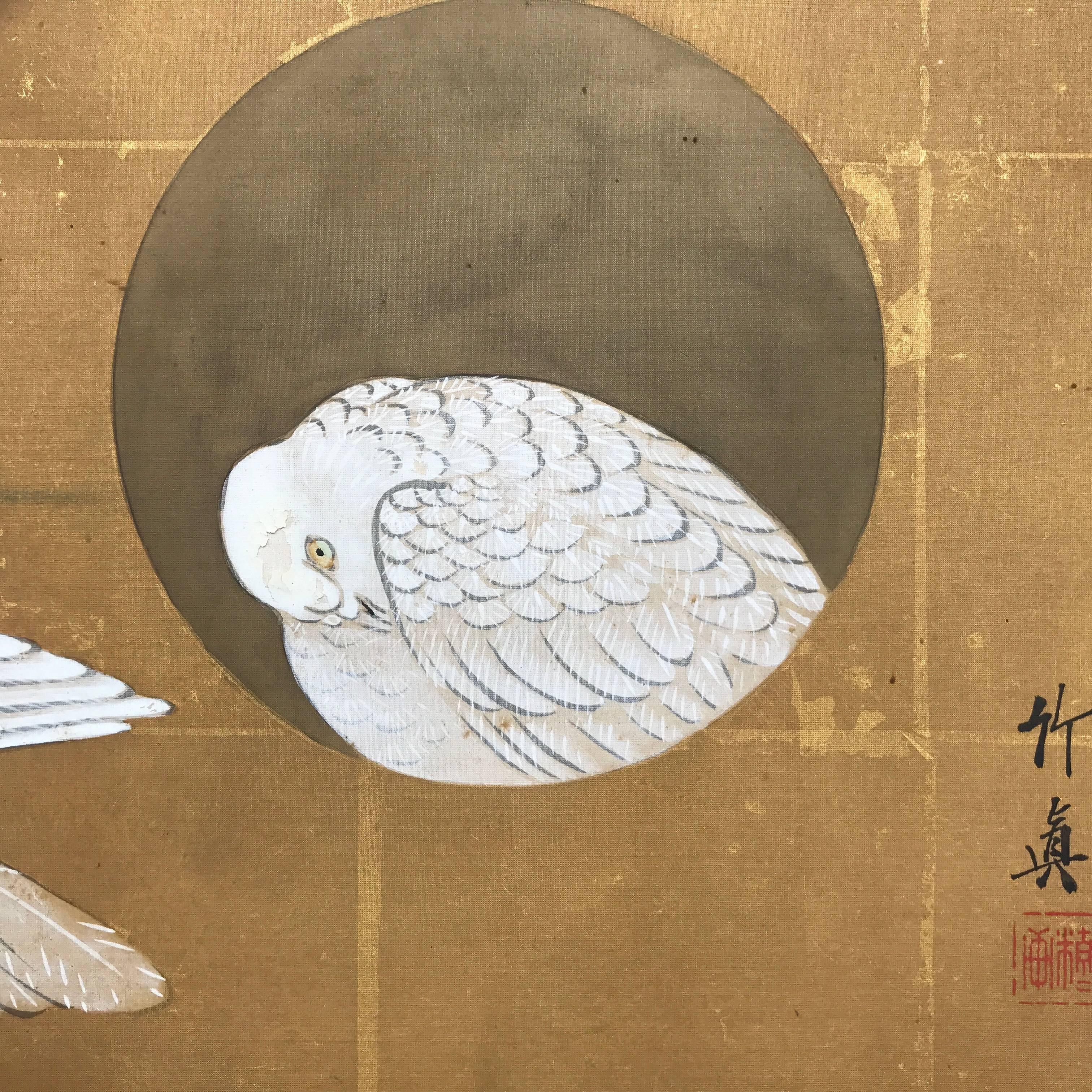 Japanese Antique Silk Painting Gaku White Nesting Doves and Moon Shapes Dwelling In Good Condition In South Burlington, VT