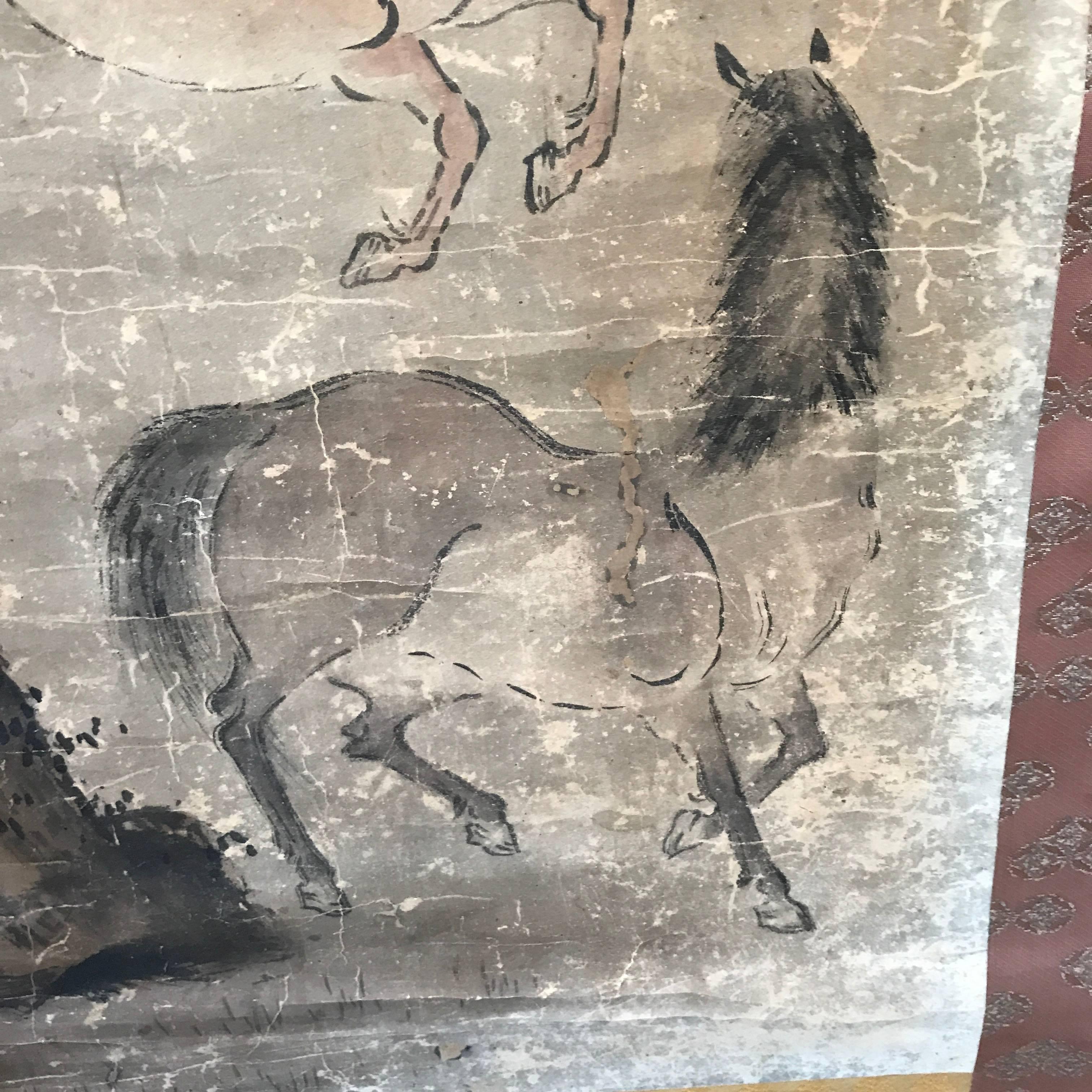 Paper Japanese Antique Galloping Horses Family Hand-Painted Scroll