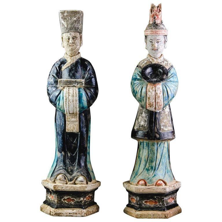 Chinese Ancient Pair of China Ming Cobalt Blue Tomb Treasure Sculptures, 1368-1644