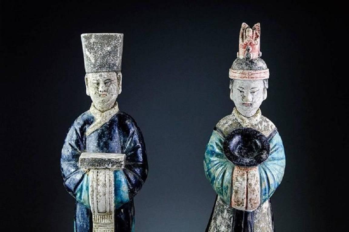 Glazed Ancient Pair of China Ming Cobalt Blue Tomb Treasure Sculptures, 1368-1644