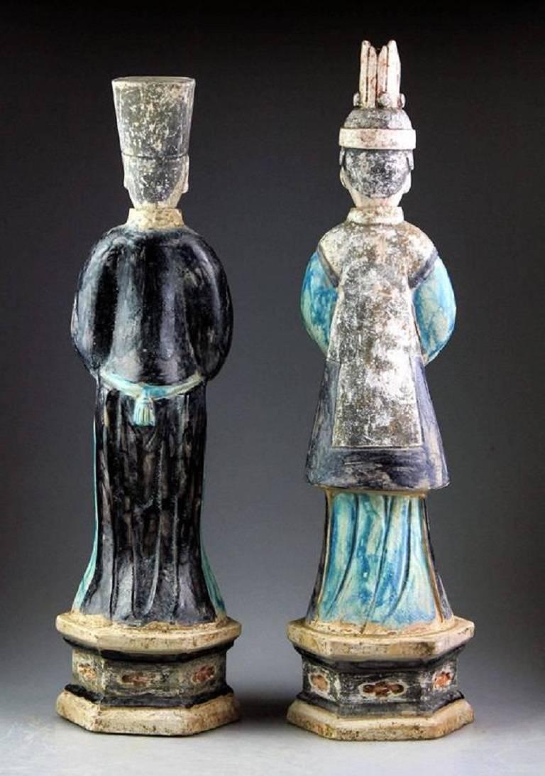 18th Century and Earlier Ancient Pair of China Ming Cobalt Blue Tomb Treasure Sculptures, 1368-1644