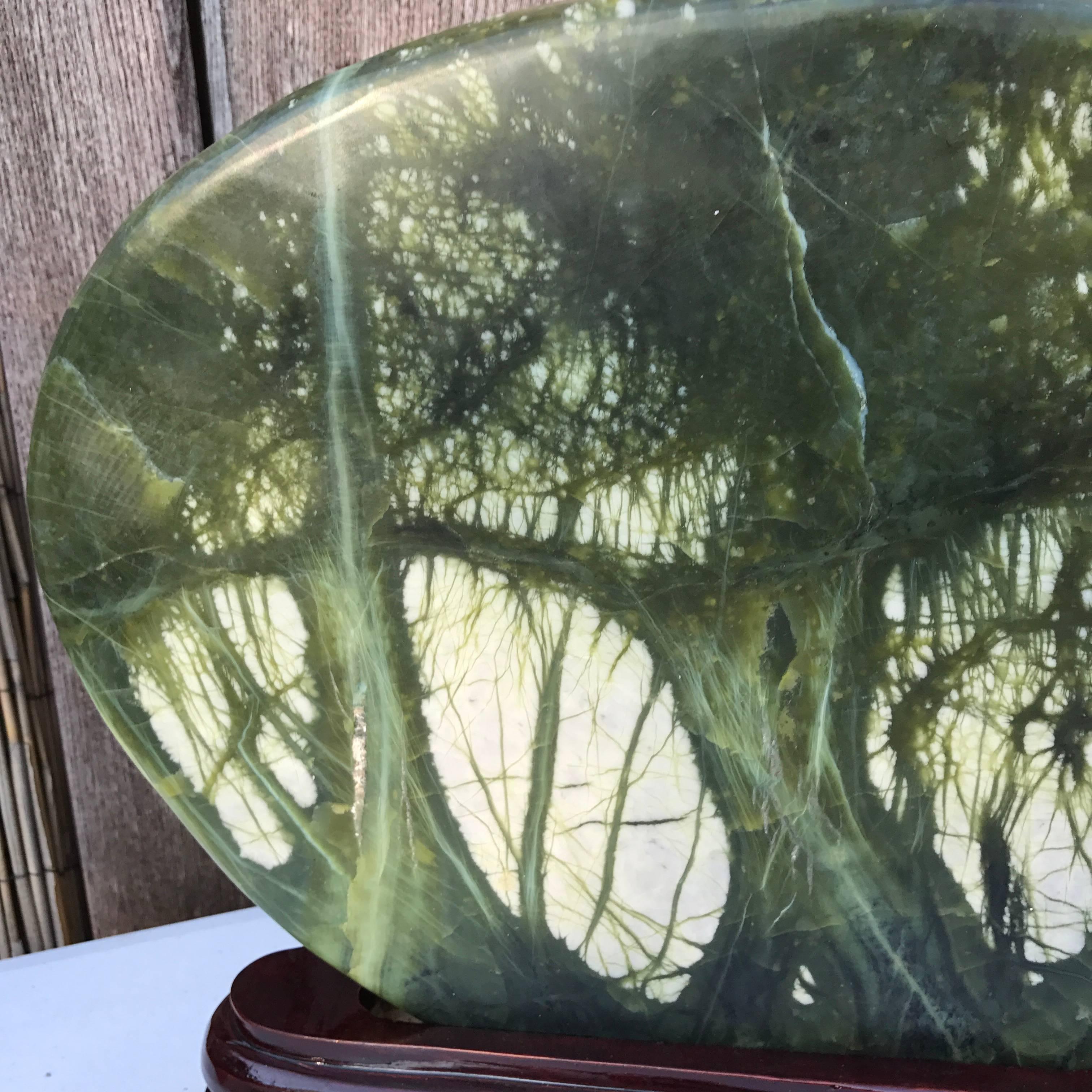 Fine New Year Gift: Chinese Large Green Trees Viewing Stone Custom  Wood  Base 1