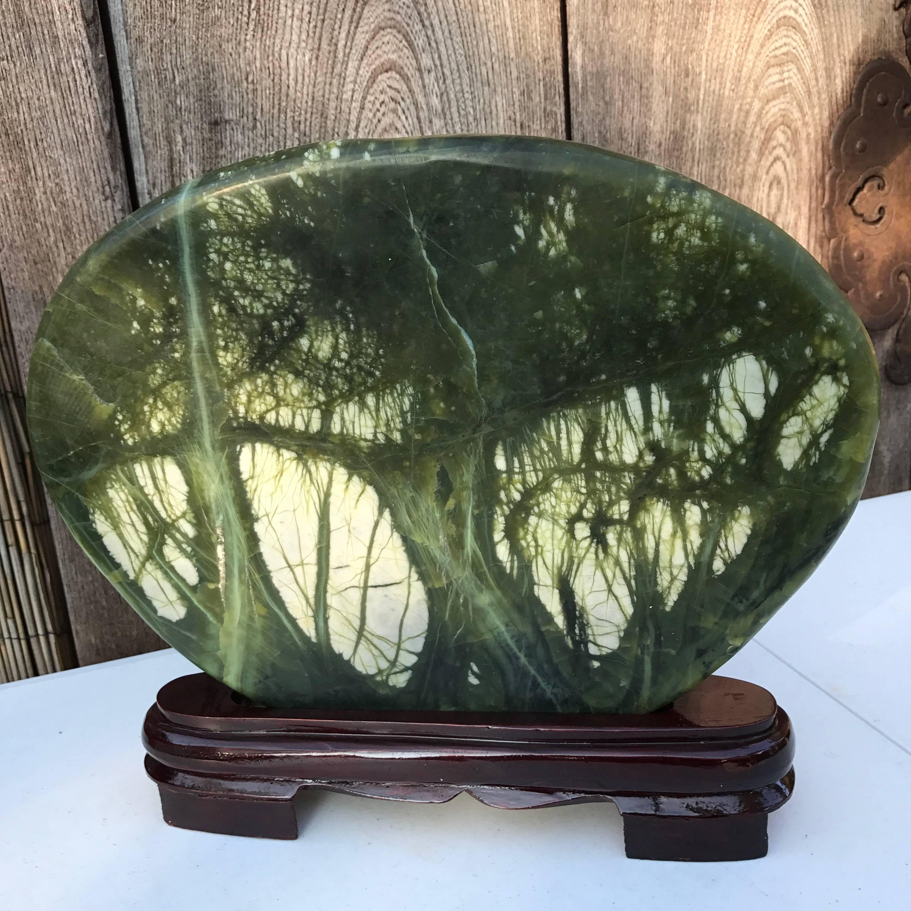 Fine New Year Gift: Chinese Large Green Trees Viewing Stone Custom  Wood  Base 4