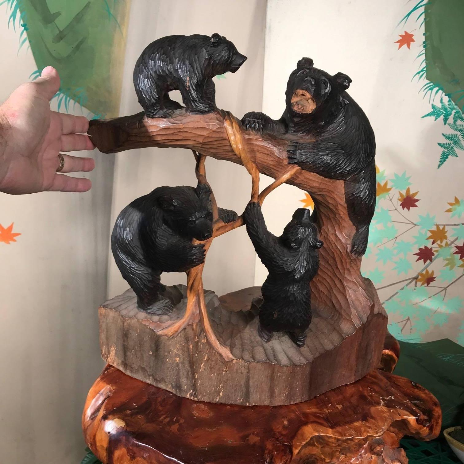 Showa Bear Family Climbing Tree, Old Japan Handcrafted Sculpture, Mint and Signed