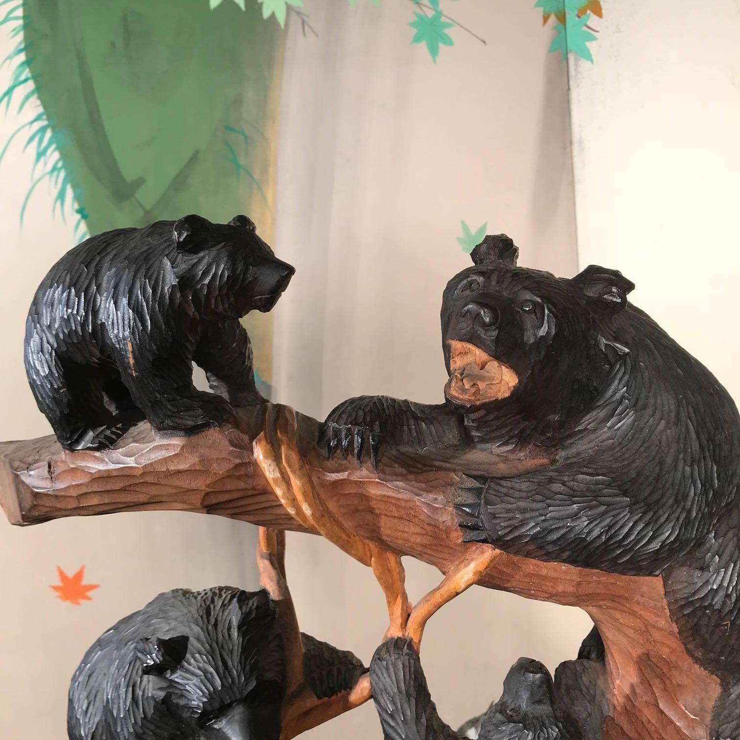 Japanese Bear Family Climbing Tree, Old Japan Handcrafted Sculpture, Mint and Signed