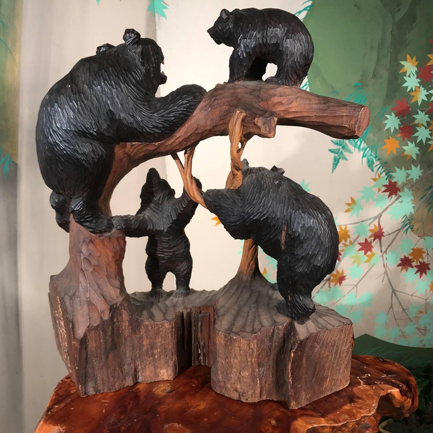 Cedar Bear Family Climbing Tree, Old Japan Handcrafted Sculpture, Mint and Signed