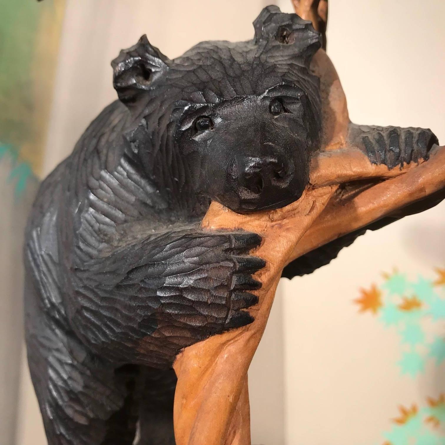 Bear Family Climbing Tree, Old Japan Handcrafted Sculpture, Mint and Signed In Good Condition In South Burlington, VT