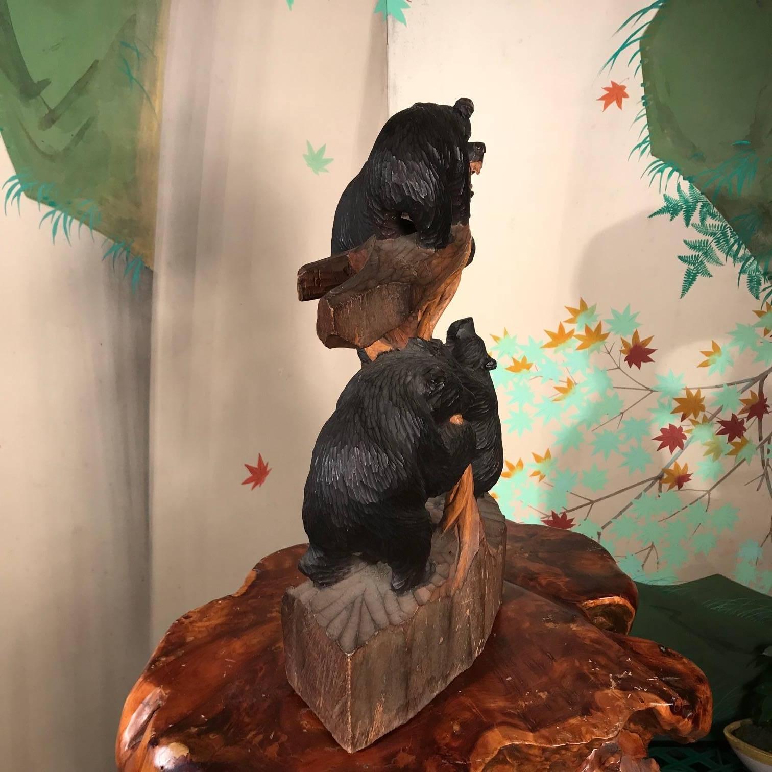 Bear Family Climbing Tree, Old Japan Handcrafted Sculpture, Mint and Signed 1