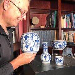 Japan Blue & White Ceramic Grape Leaf Serving Set Four Works Art Mint & Boxed