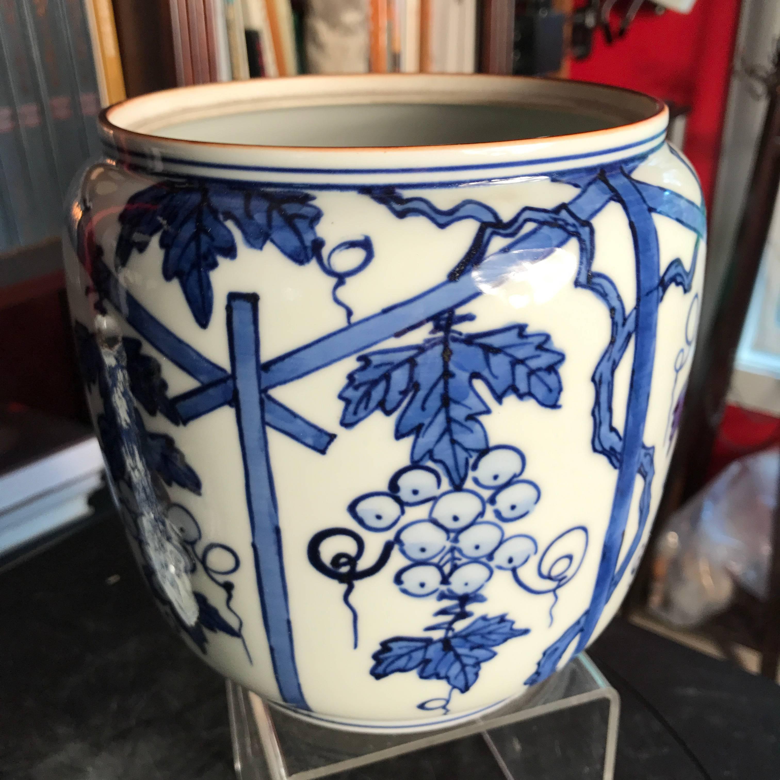 Hand-Painted Japan Blue & White Ceramic Grape Leaf Serving Set Four Works Art Mint & Boxed