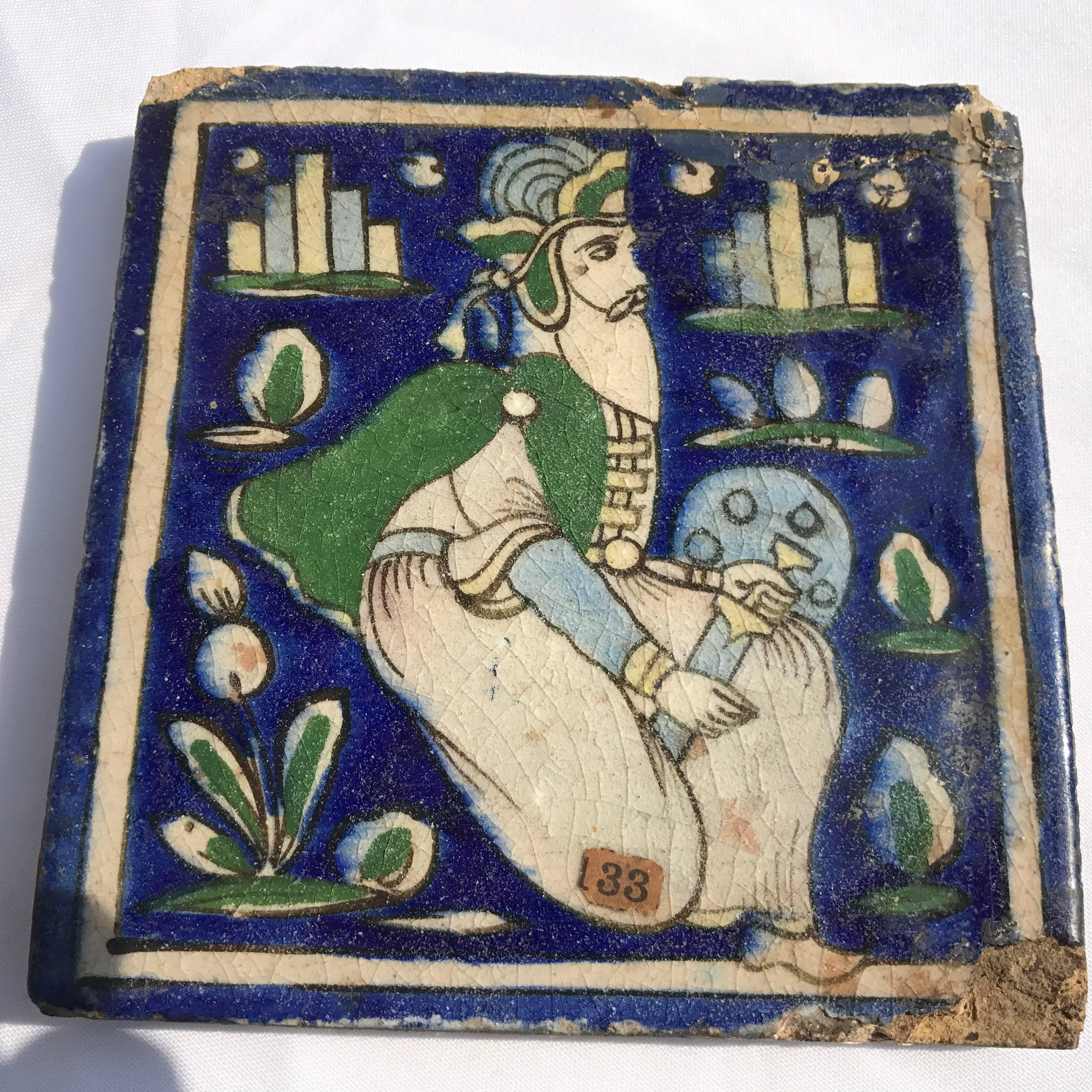 Three Antique 19th Century Colorful Persian Tiles In Good Condition In South Burlington, VT