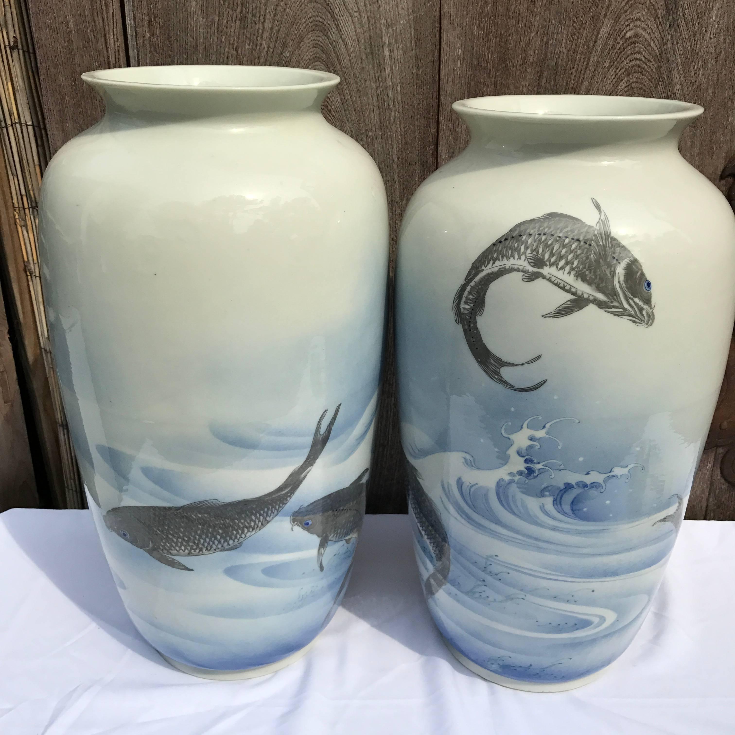 Taisho Monumental Japanese Antique Koi & Wave Vases Hand-Painted, Early 20th Century