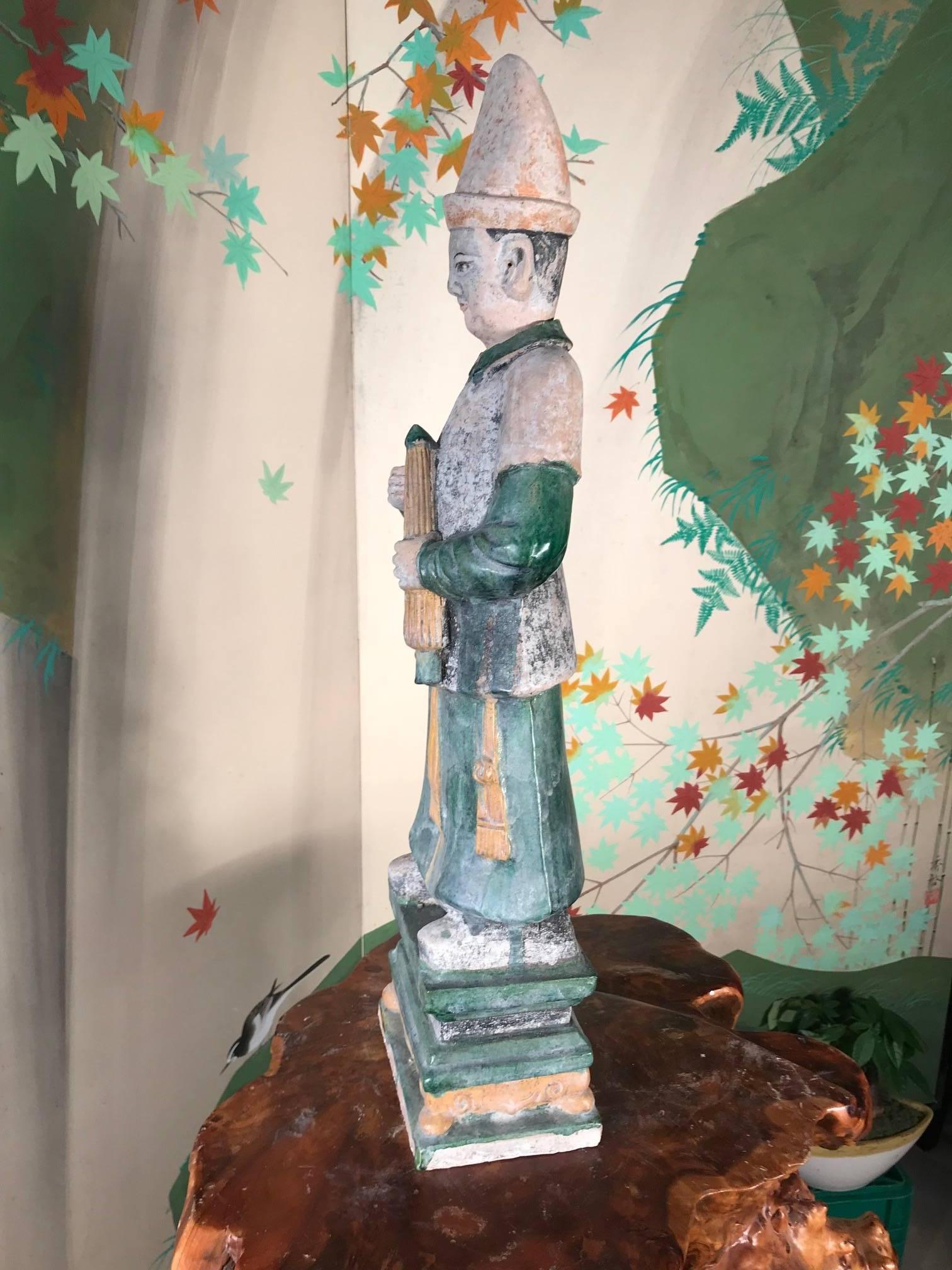 Ceramic Important Monumental Ancient China Ming Tomb Umbrella Man Sculpture, 1368-1644